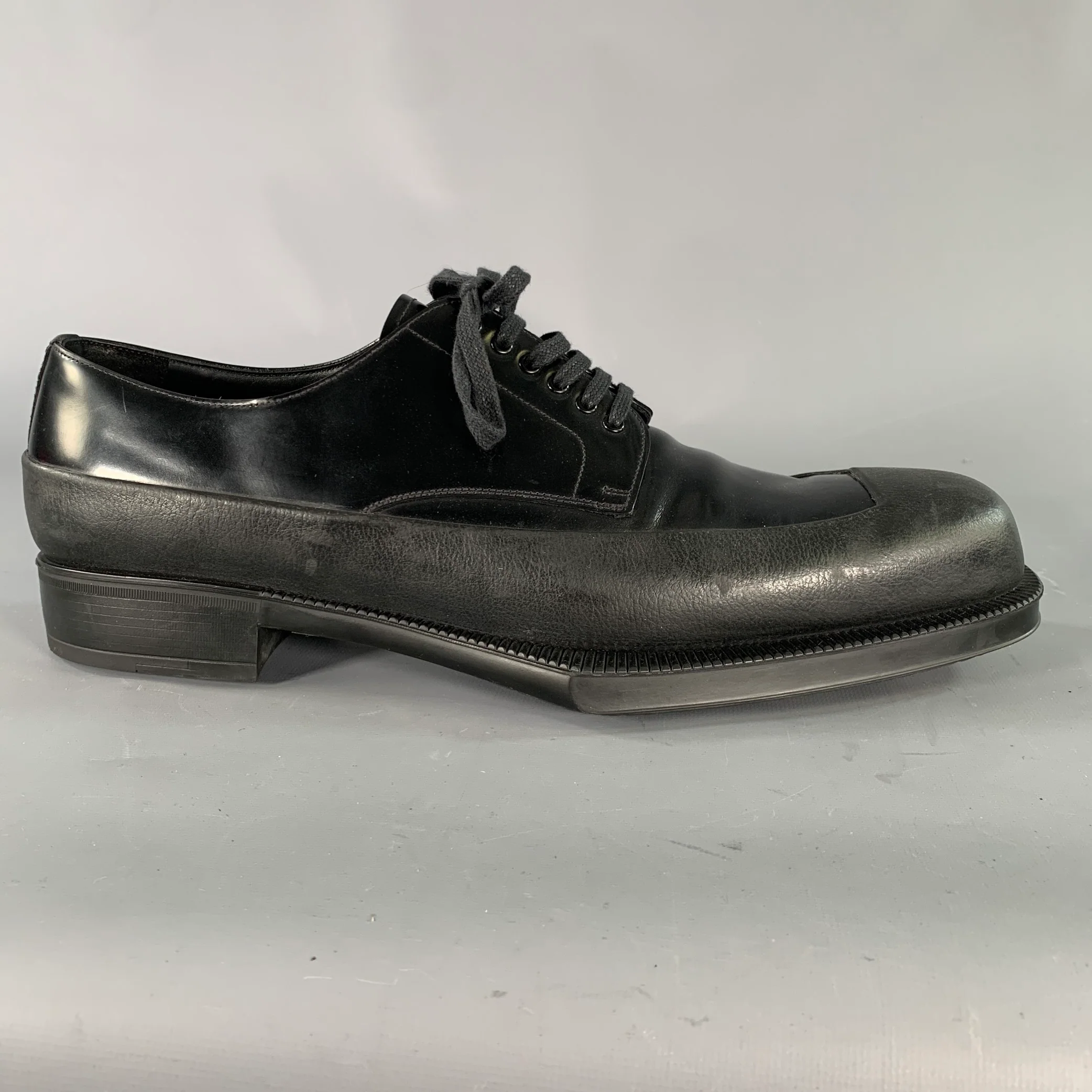 PRADA Size 13 Black Leather Derby Lace Up Shoes - Image 2