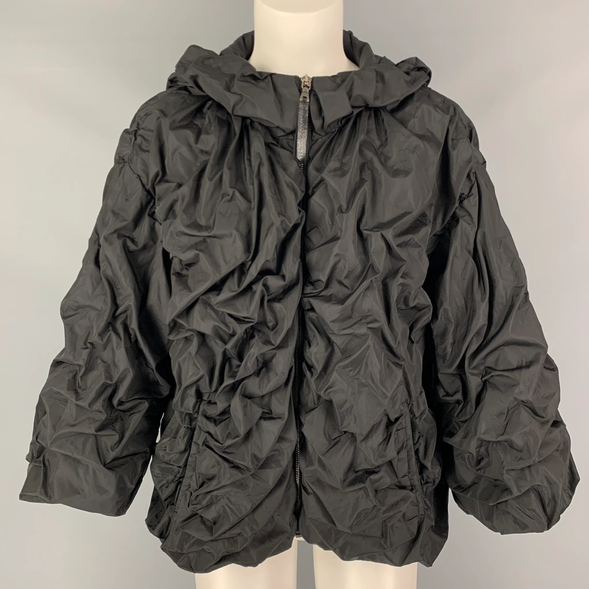 PRADA Size 2 Black Nylon Ruched Hooded Jacket