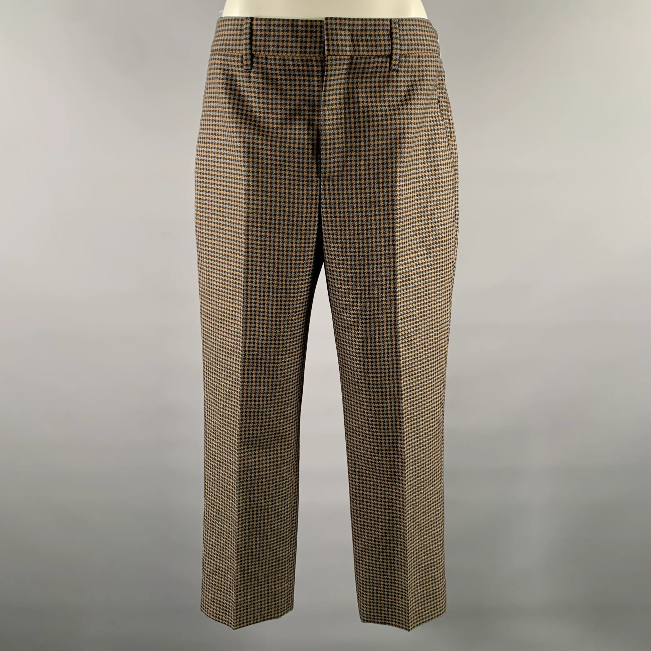 PRADA Size 2 Grey Tan Wool Blend Houndstooth Pants