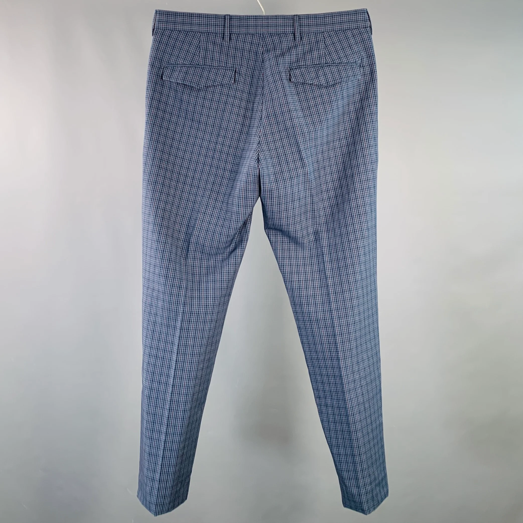 PRADA Size 30 Blue Navy Burgundy Plaid Wool Mohair Button Fly Dress Pants - Image 3
