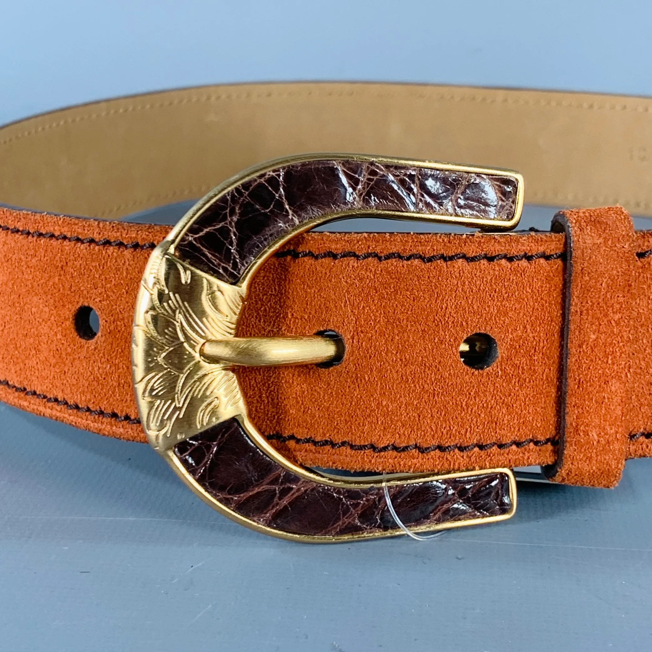 PRADA Size 32 Orange Gold Suede Belt - Image 2