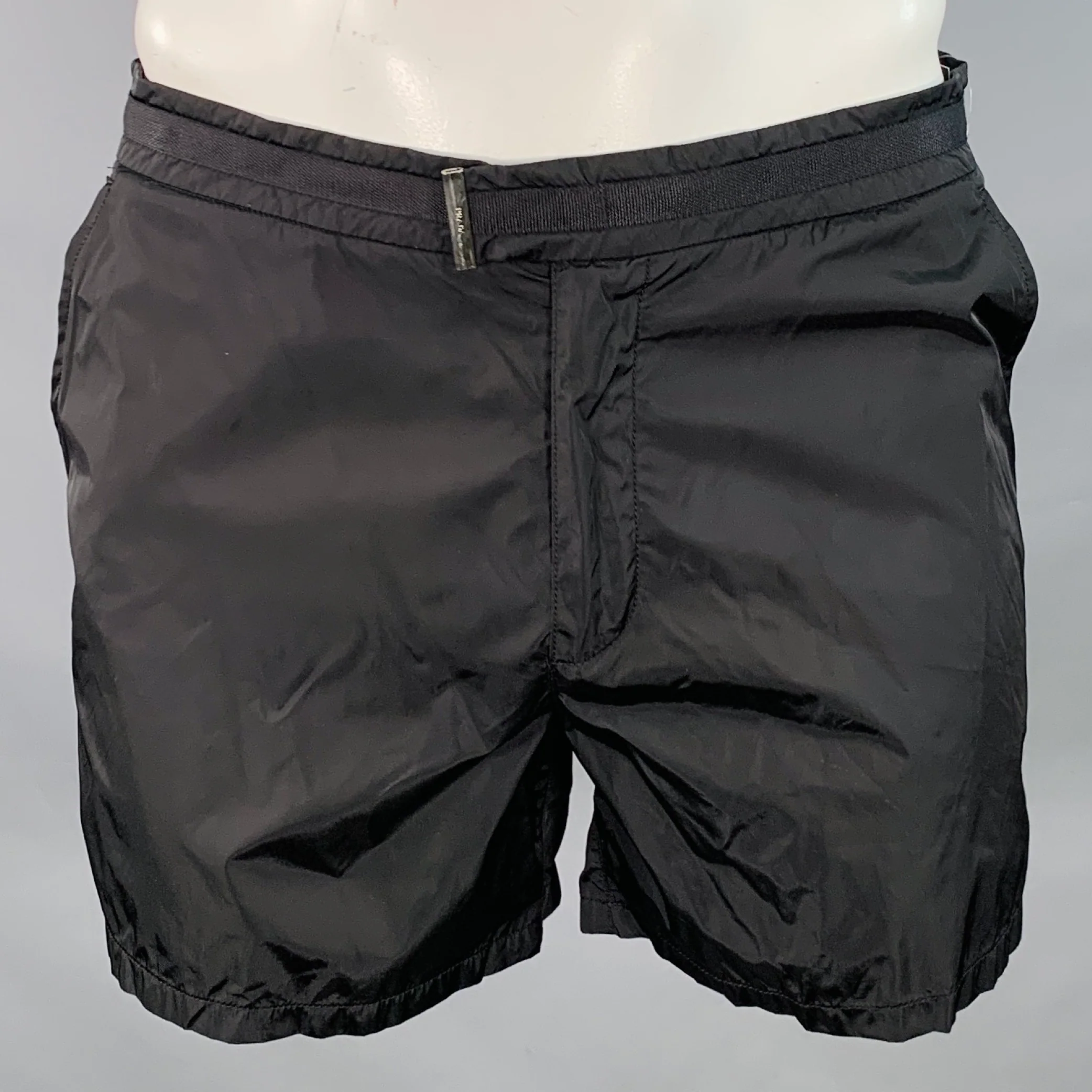 PRADA Size 34 Black Nylon Mesh Lined Zip Fly Swim Trunks