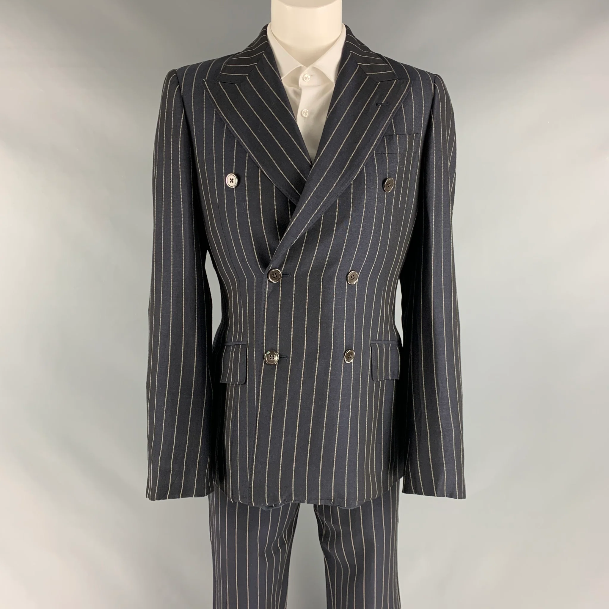 PRADA Size 34 Navy Cream Pinstripe Viscose Linen Pleated Suit