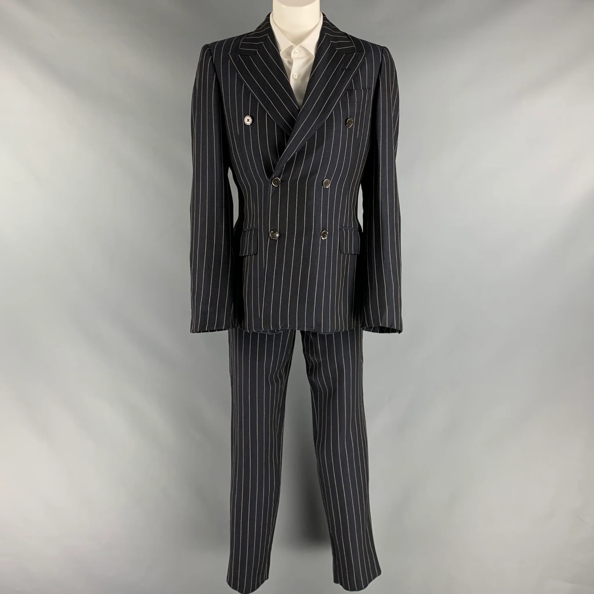 PRADA Size 34 Navy Cream Pinstripe Viscose Linen Pleated Suit - Image 2