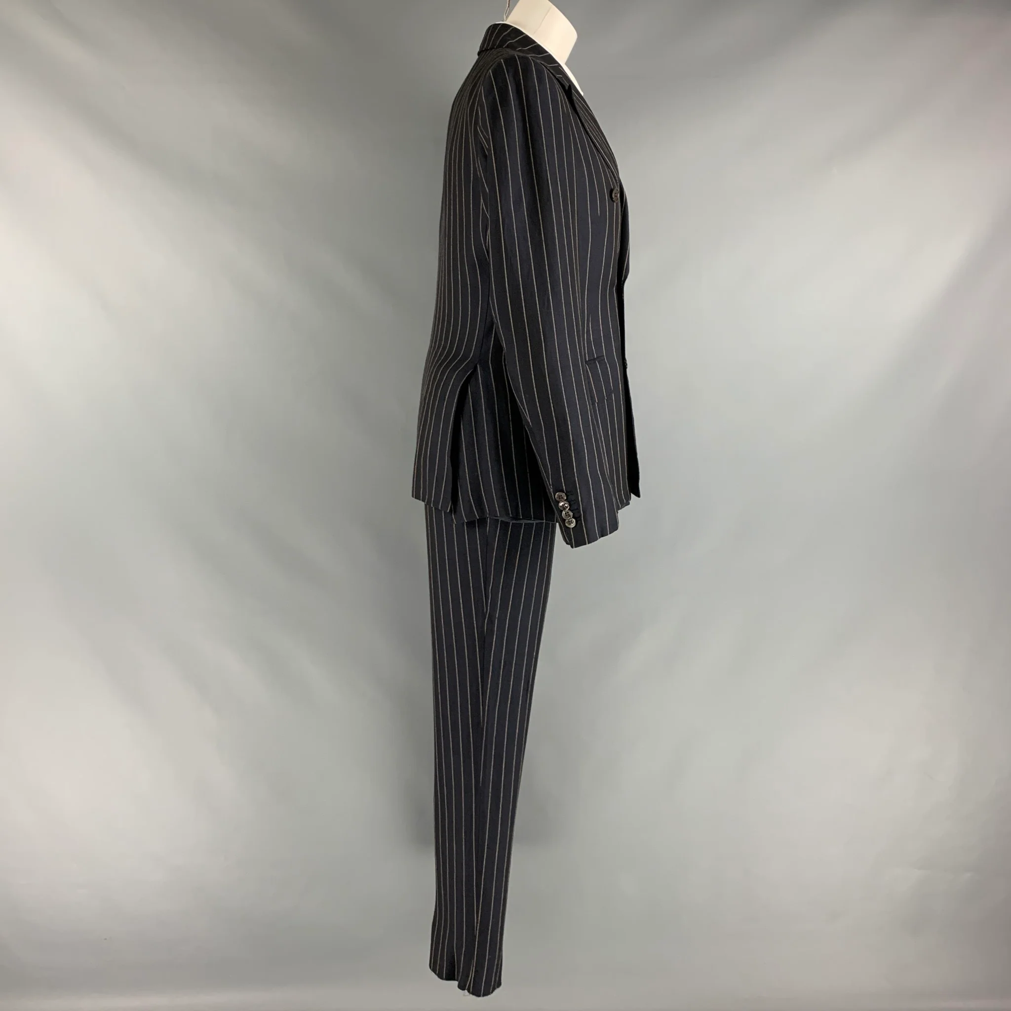 PRADA Size 34 Navy Cream Pinstripe Viscose Linen Pleated Suit - Image 3