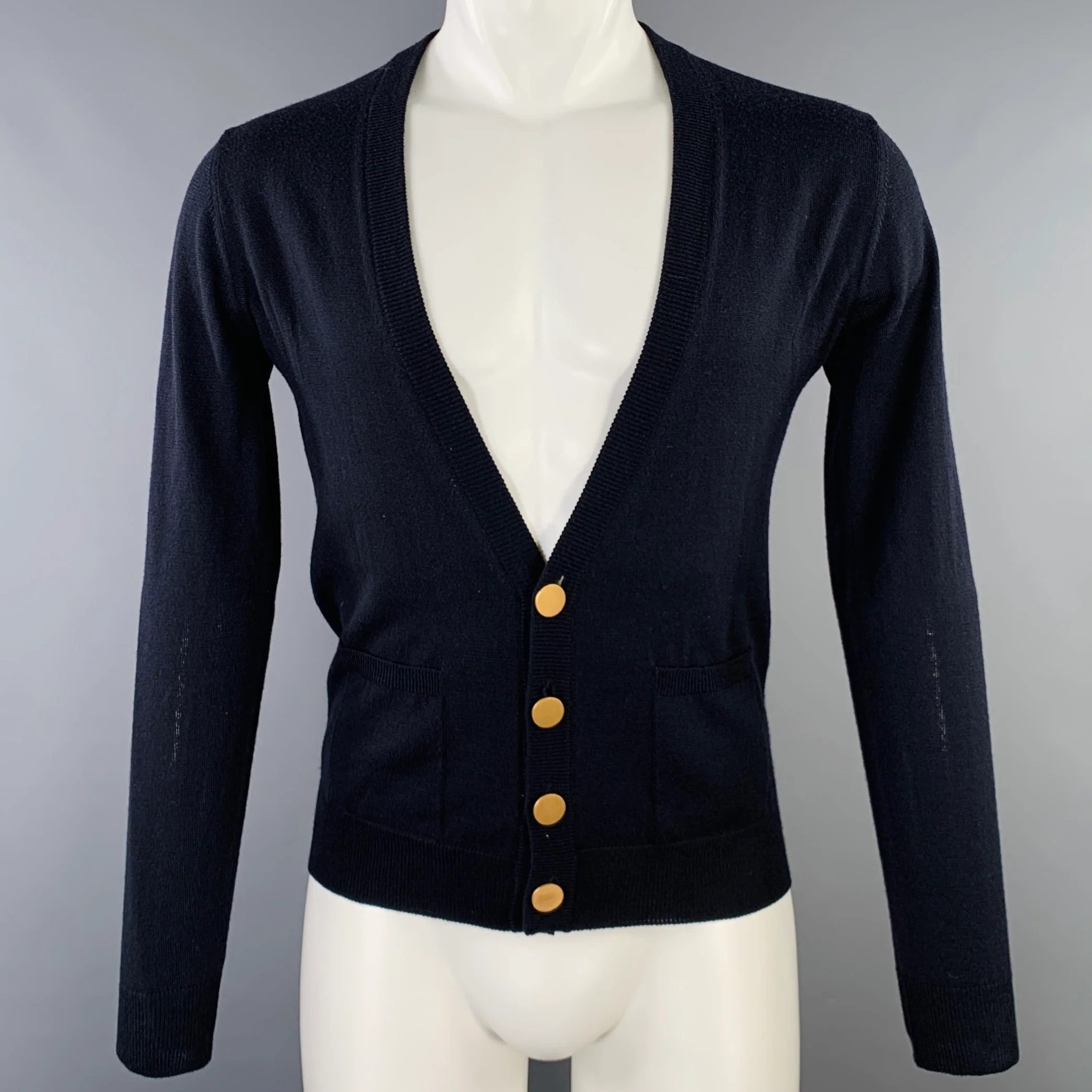 PRADA Size 38 Navy Knit Gold Buttons V-Neck Cardigan