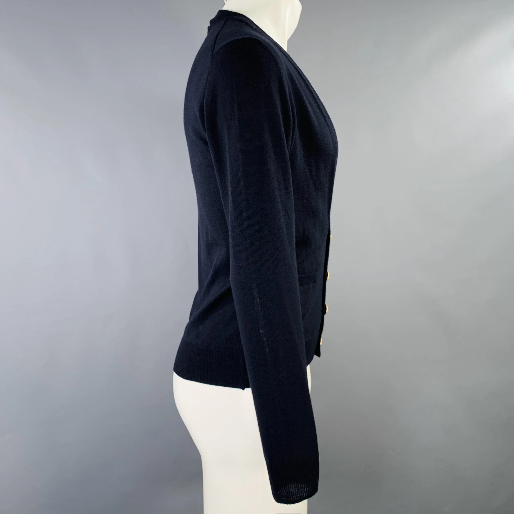 PRADA Size 38 Navy Knit Gold Buttons V-Neck Cardigan - Image 2