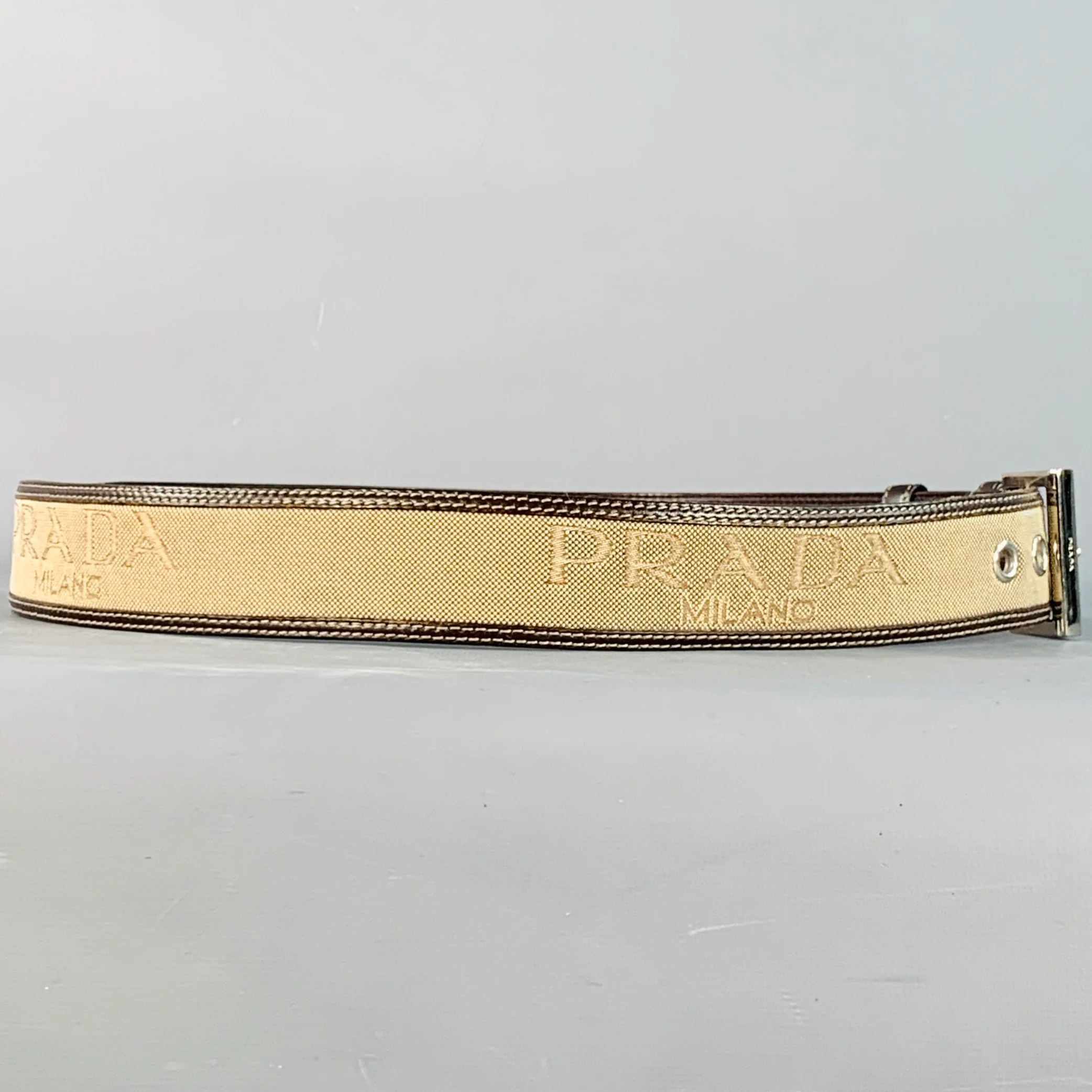 PRADA Size 38 Tan Brown Logo Canvas Leather Belt - Image 3