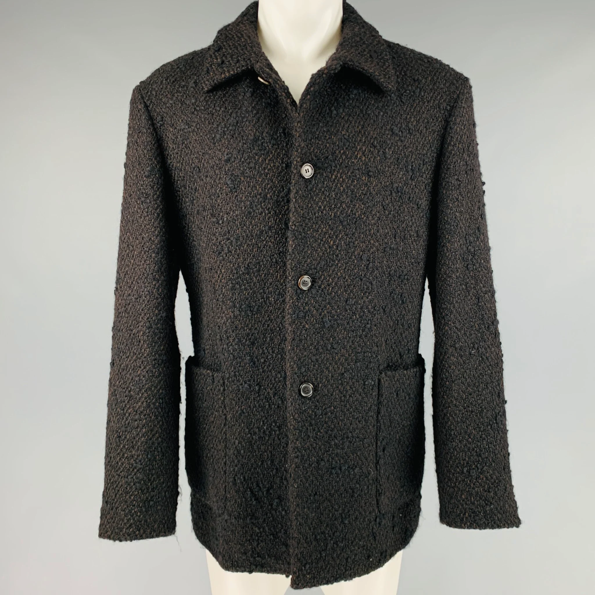 PRADA Size 40 Black Brown Tweed Wool Blend Patch Pockets Jacket
