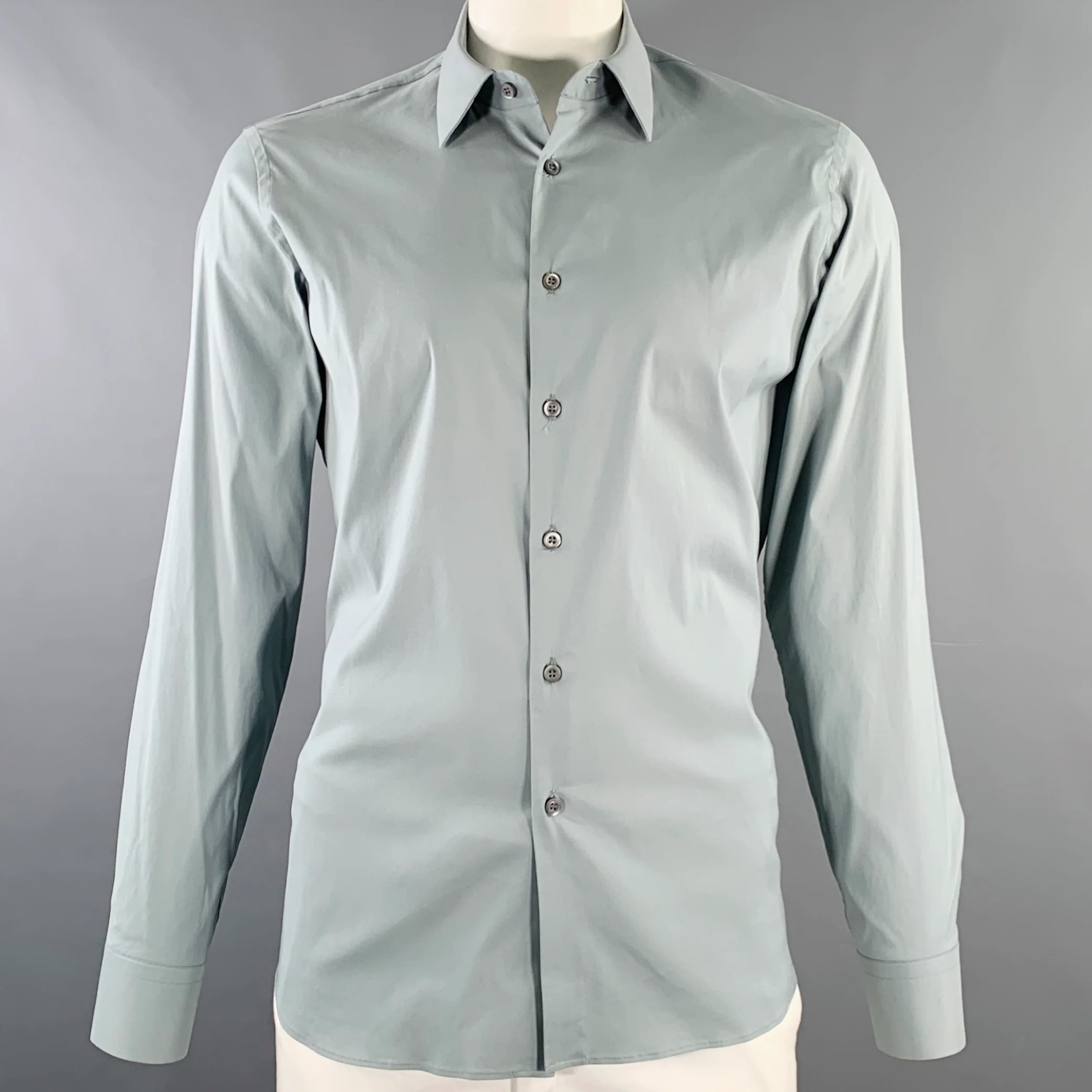 PRADA Size 42 Blue Cotton Blend Spread Collar Long Sleeve Shirt