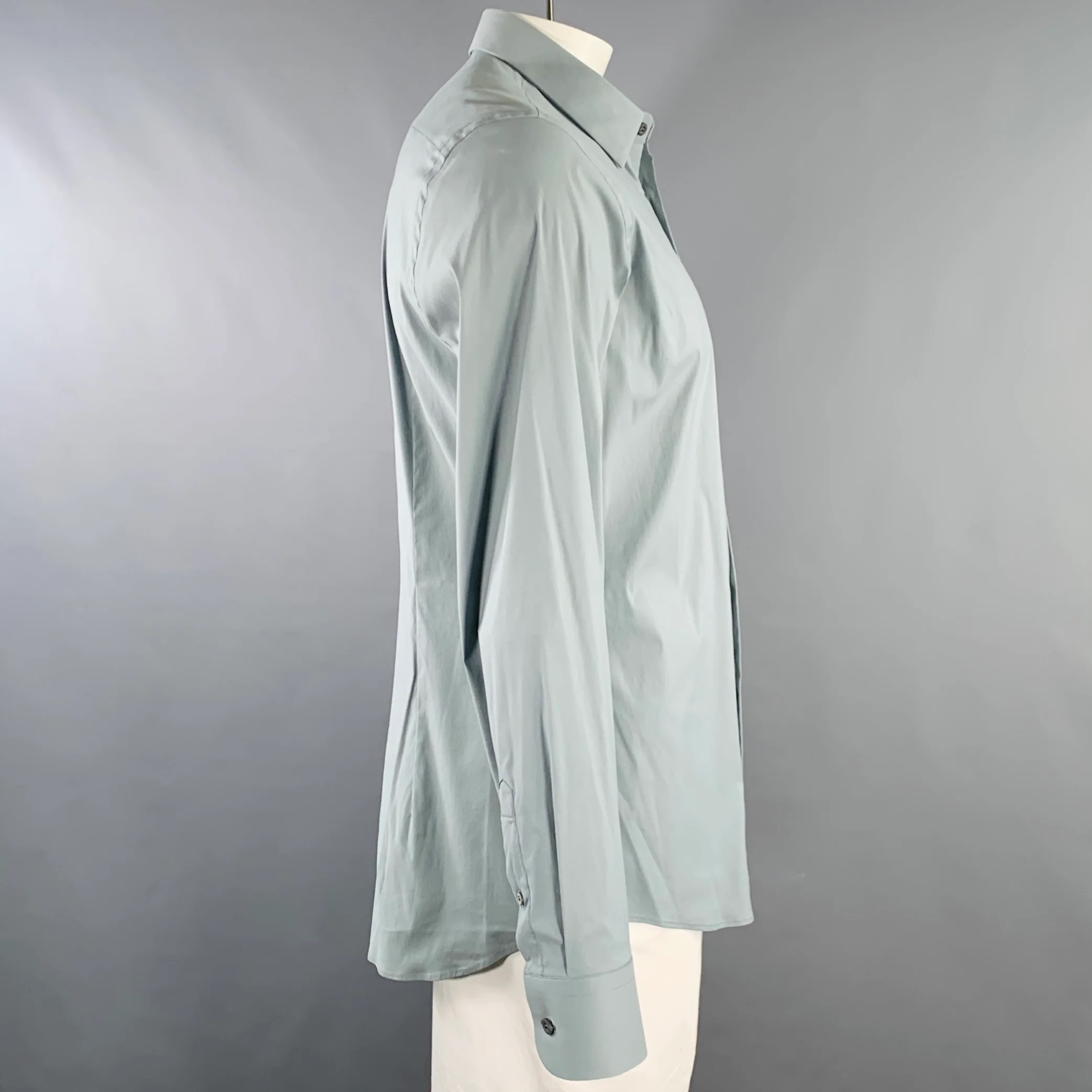 PRADA Size 42 Blue Cotton Blend Spread Collar Long Sleeve Shirt - Image 2