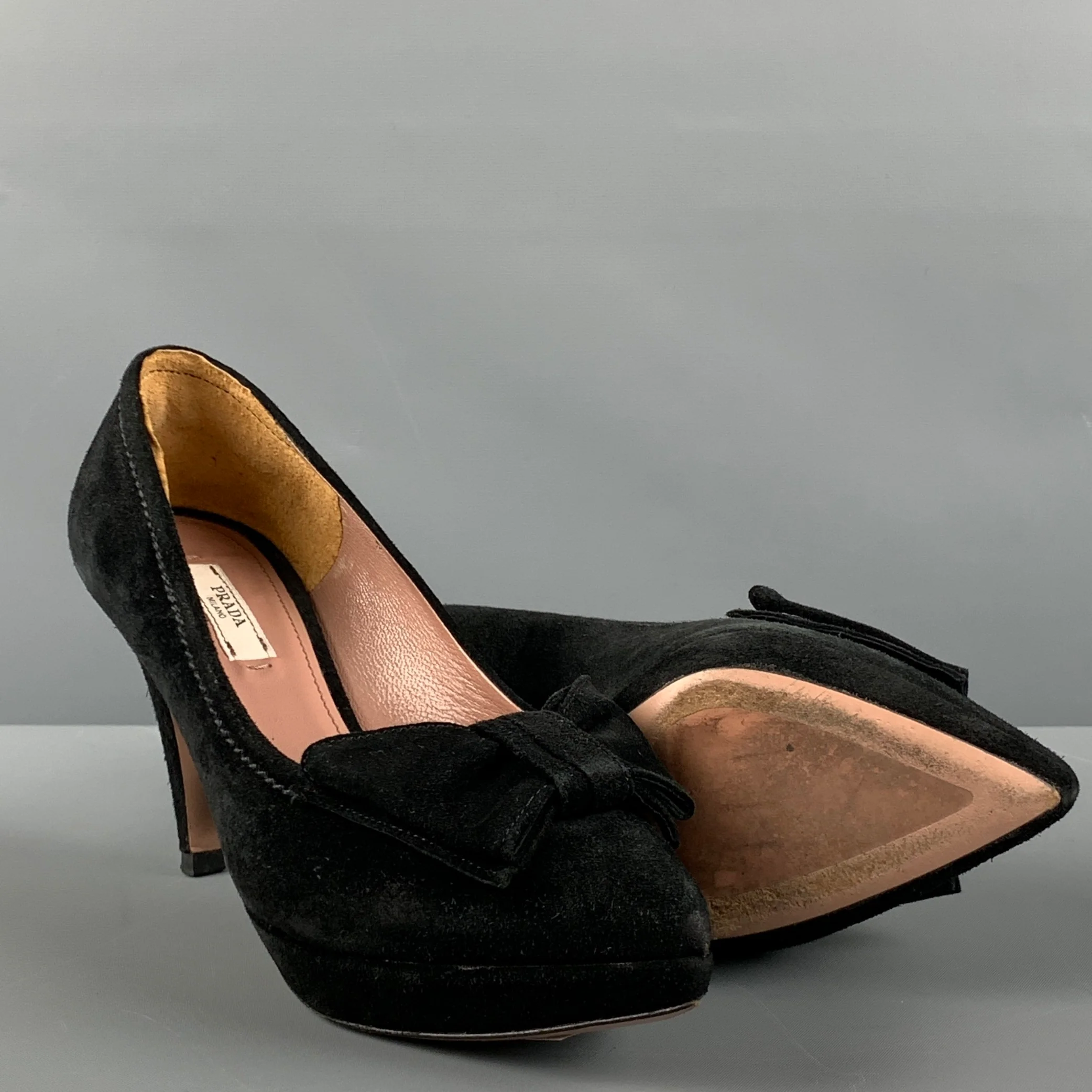 PRADA Size 5 Black Suede Bow Platform Pumps - Image 5
