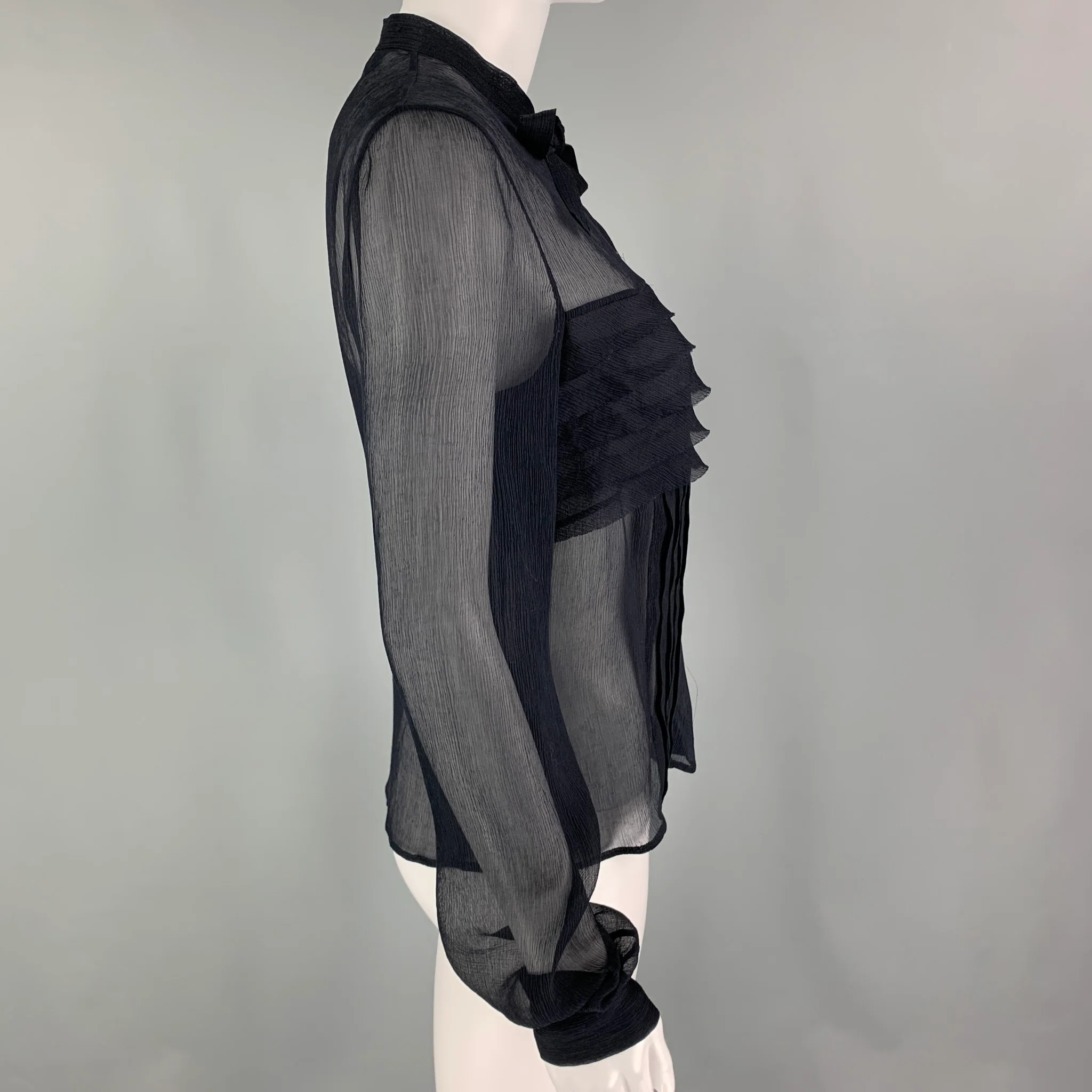 PRADA Size 6 Navy Silk Pleated Blouson Dress Top - Image 2