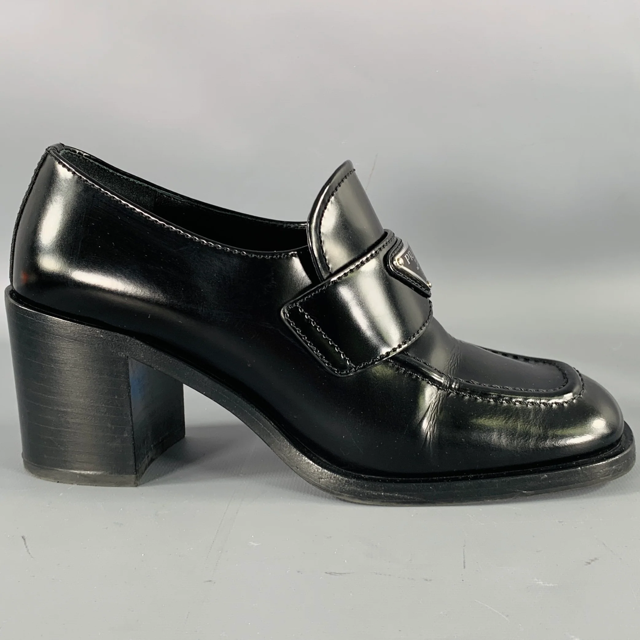 PRADA Size 7.5 Black Leather Penny Loafer Pumps - Image 2