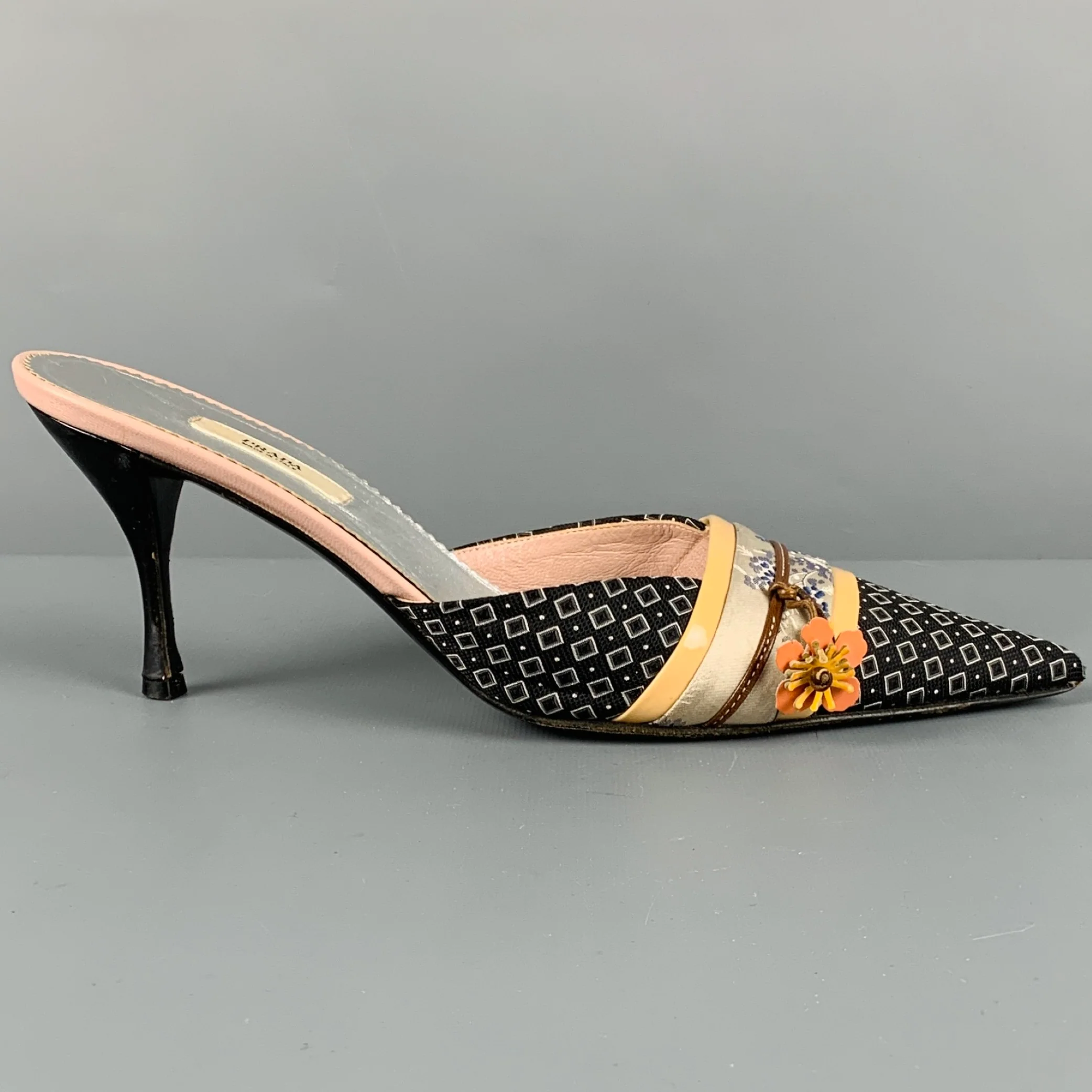 PRADA Size 7.5 Black Multi Color Kimono Floral Mules Pumps - Image 3