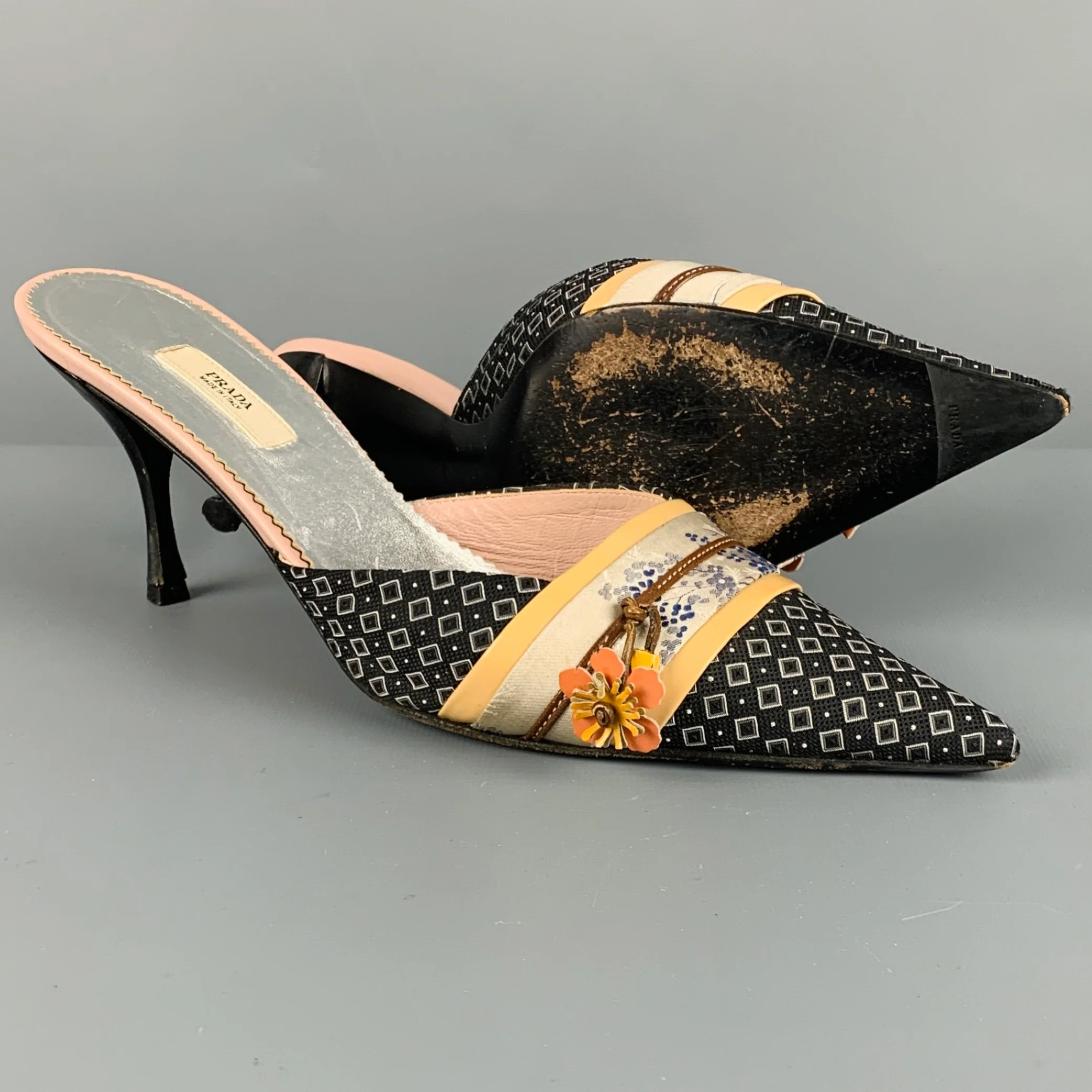 PRADA Size 7.5 Black Multi Color Kimono Floral Mules Pumps - Image 6