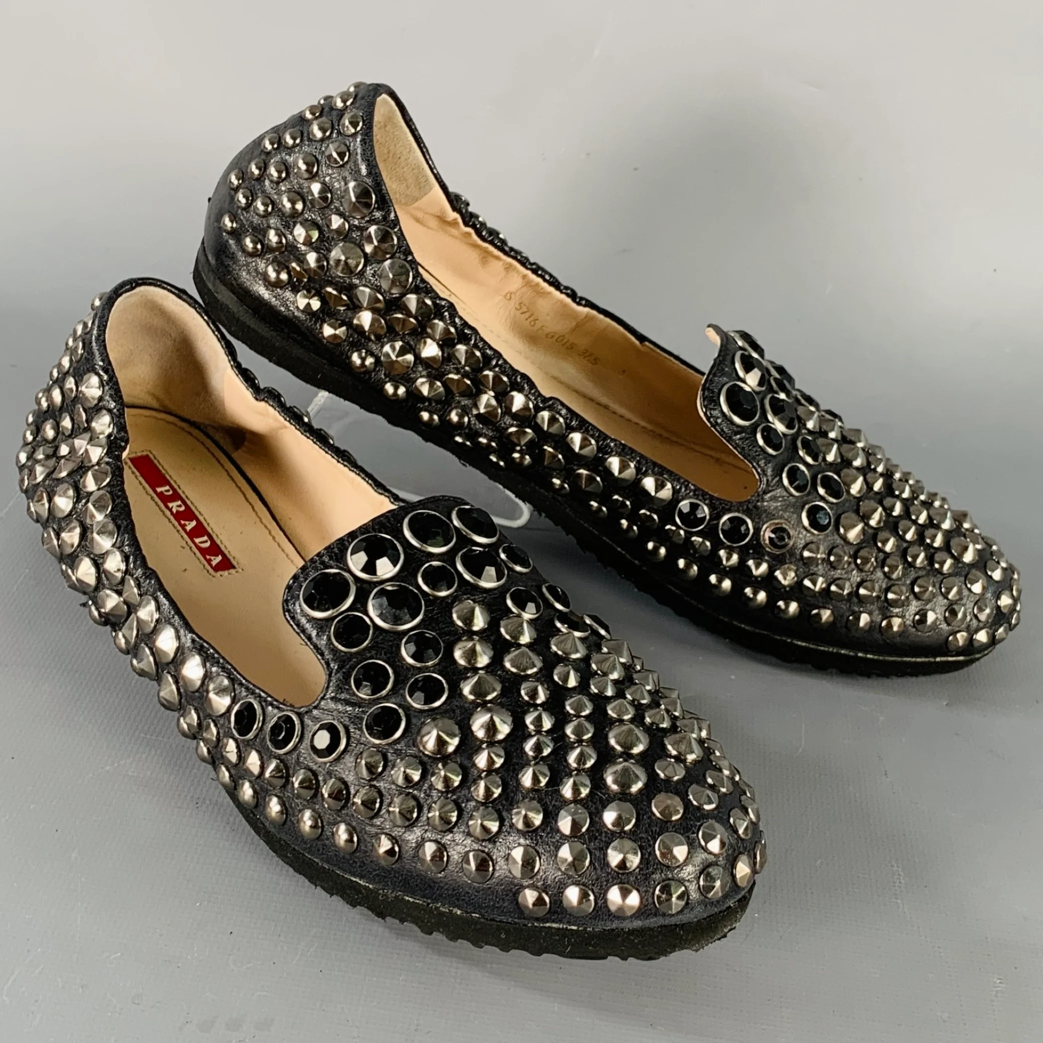 PRADA Size 7.5 Black Silver Leather Studded Flats