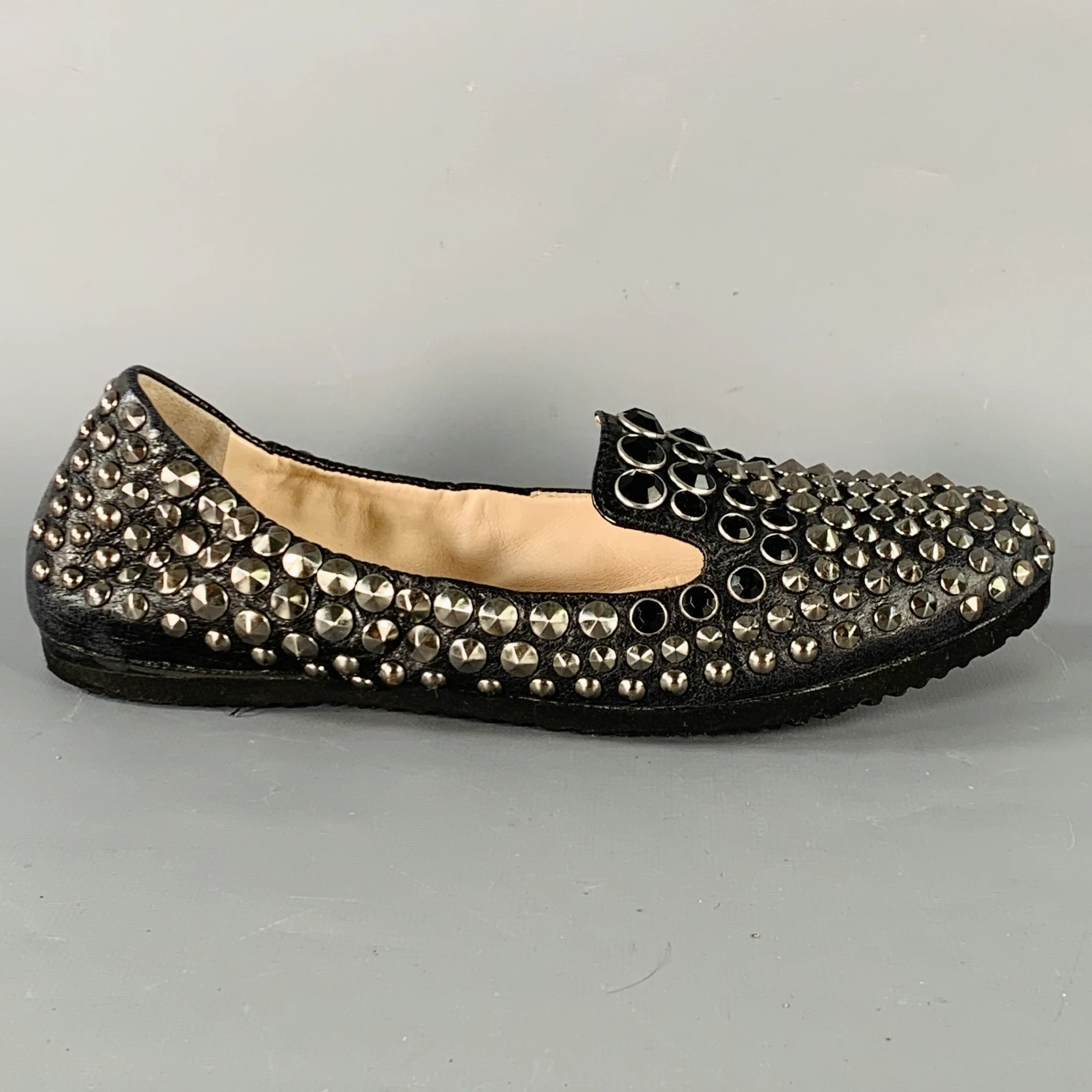 PRADA Size 7.5 Black Silver Leather Studded Flats - Image 2