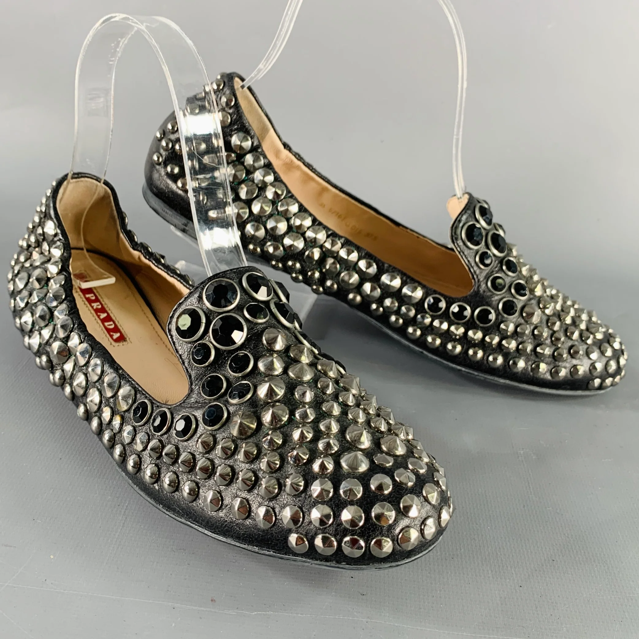 PRADA Size 7.5 Black Silver Leather Studded Slip On Loafers Flats