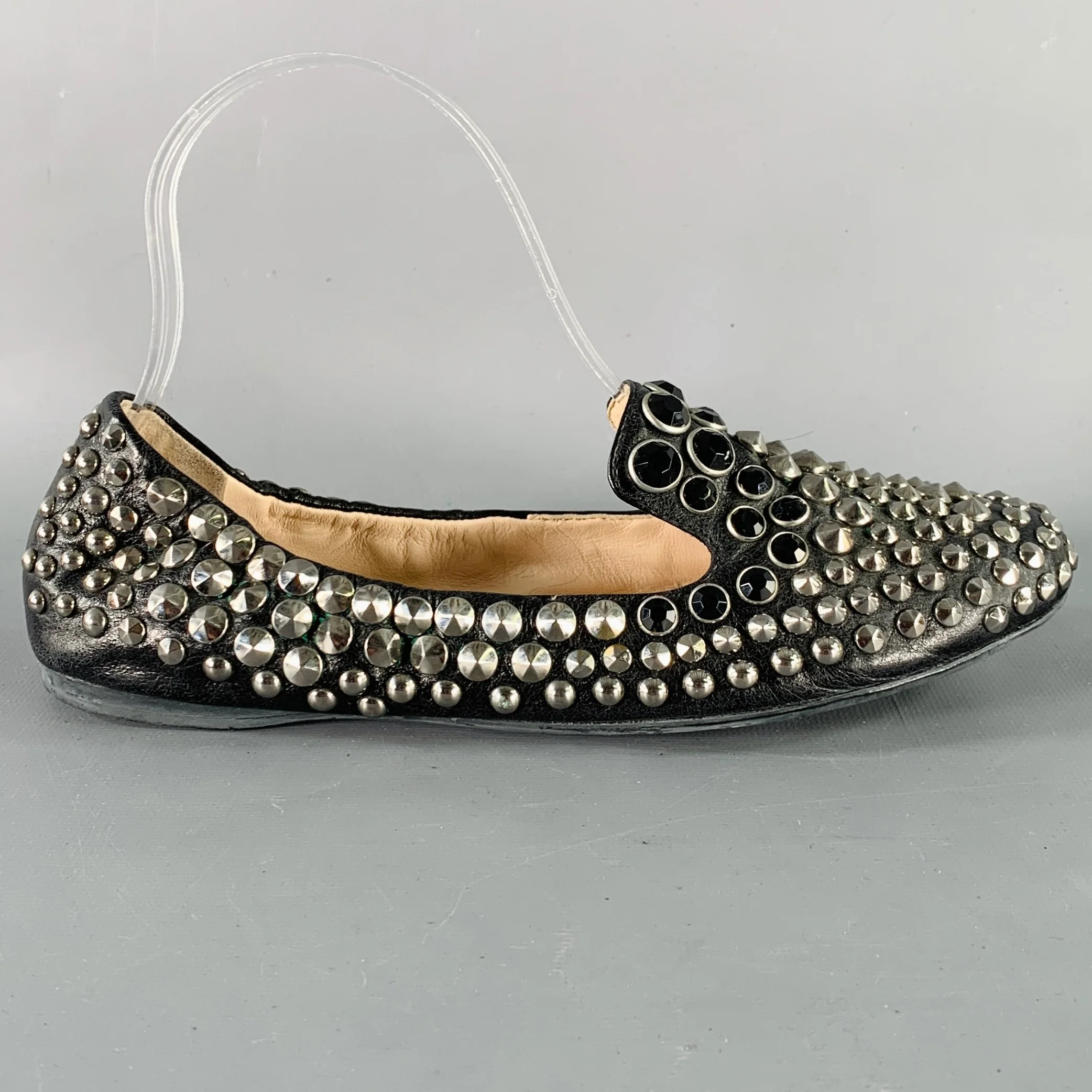 PRADA Size 7.5 Black Silver Leather Studded Slip On Loafers Flats - Image 2