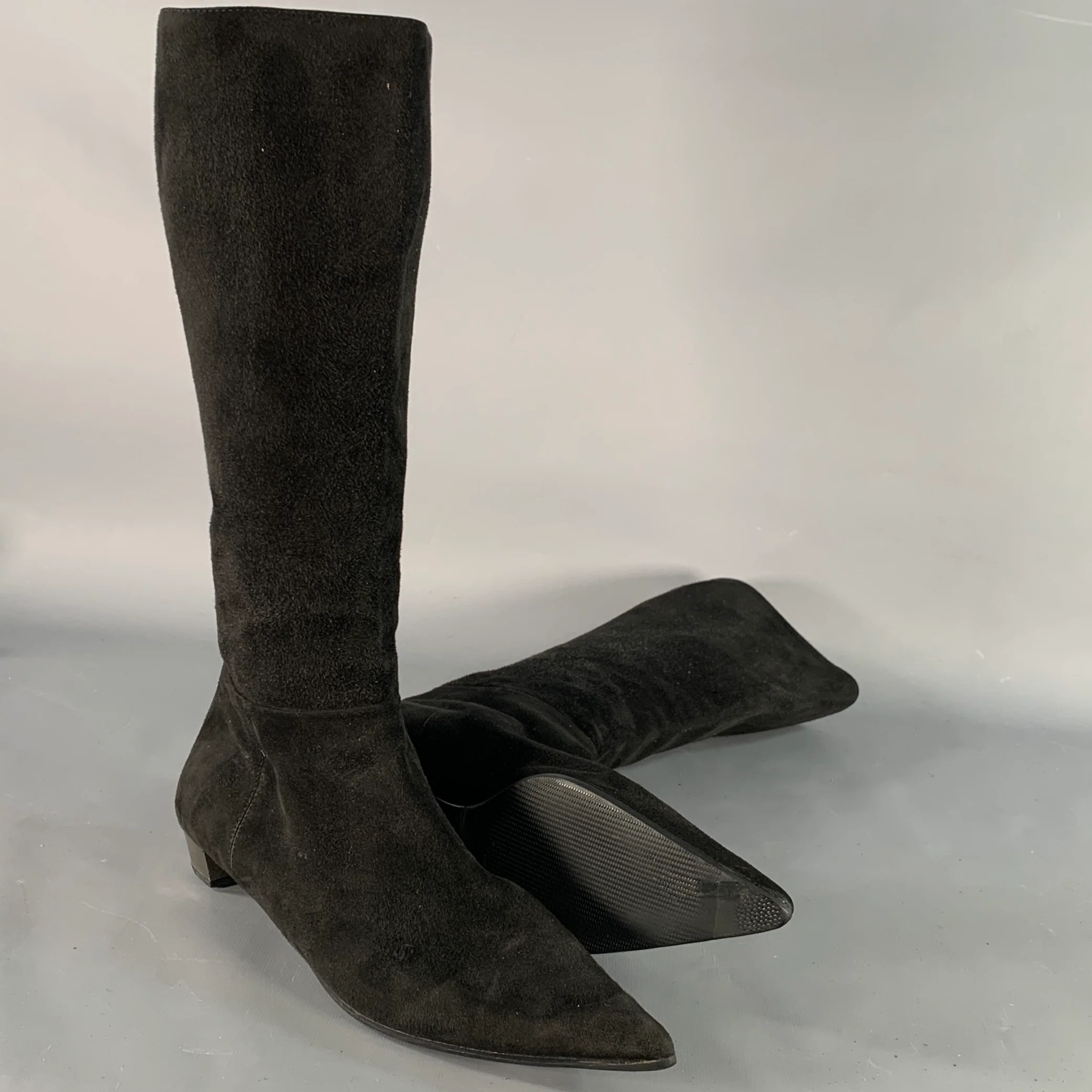 PRADA Size 7.5 Black Silver Suede Back Zip Pointed Toe Calf High Boots - Image 5