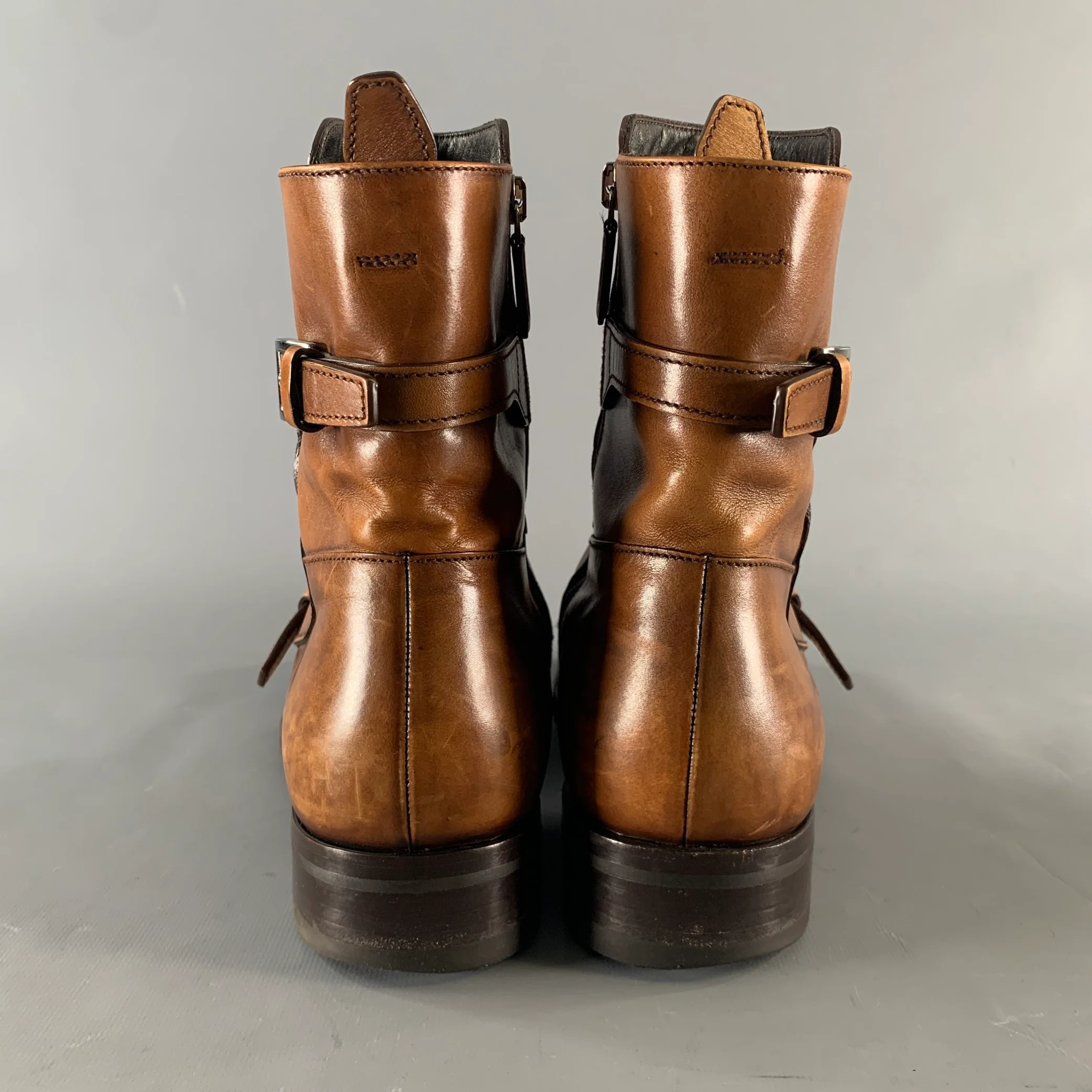 PRADA Size 7.5 Brown Leather Moto Racer Boots - Image 3
