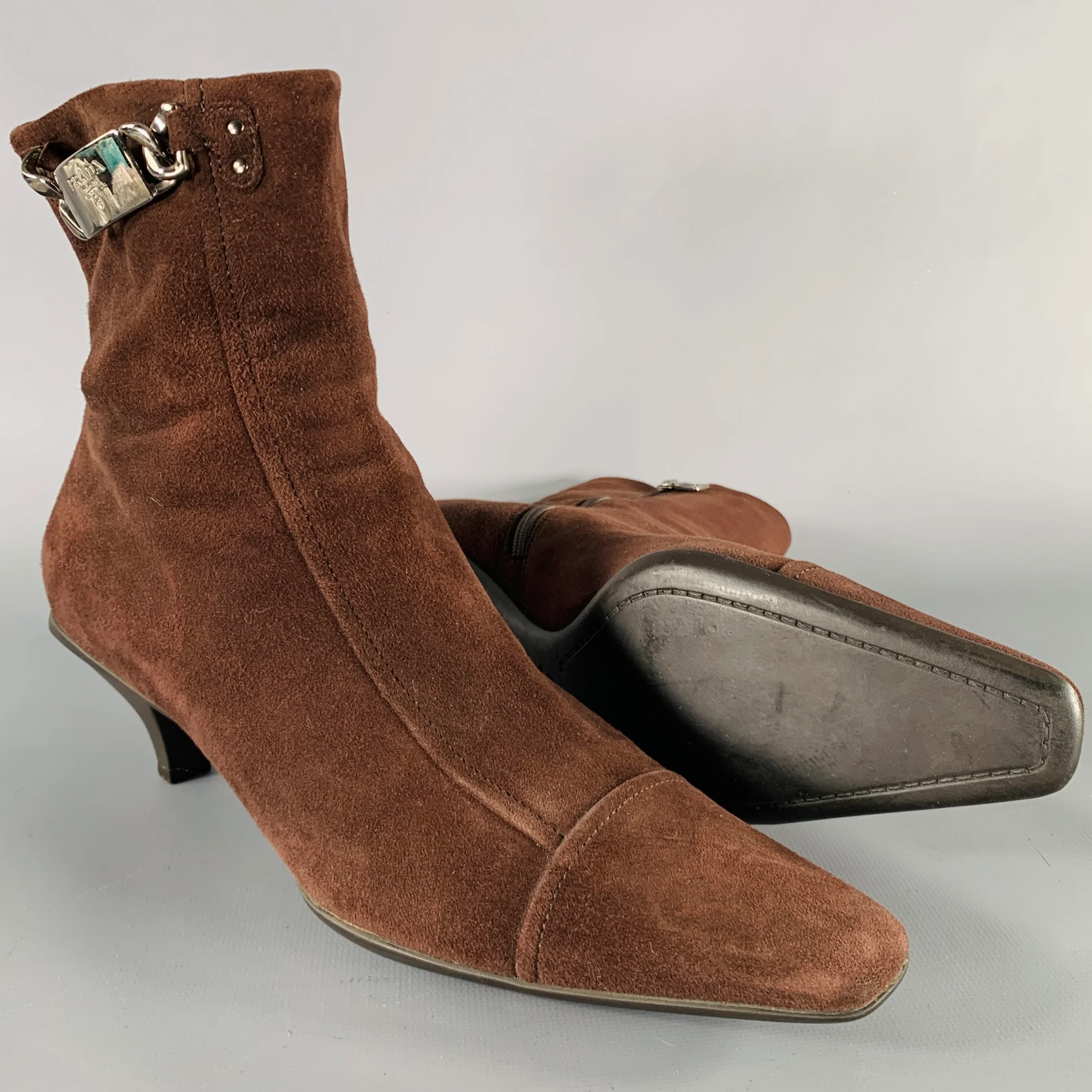 PRADA Size 7.5 Brown Suede Kitten Heel Boots - Image 5