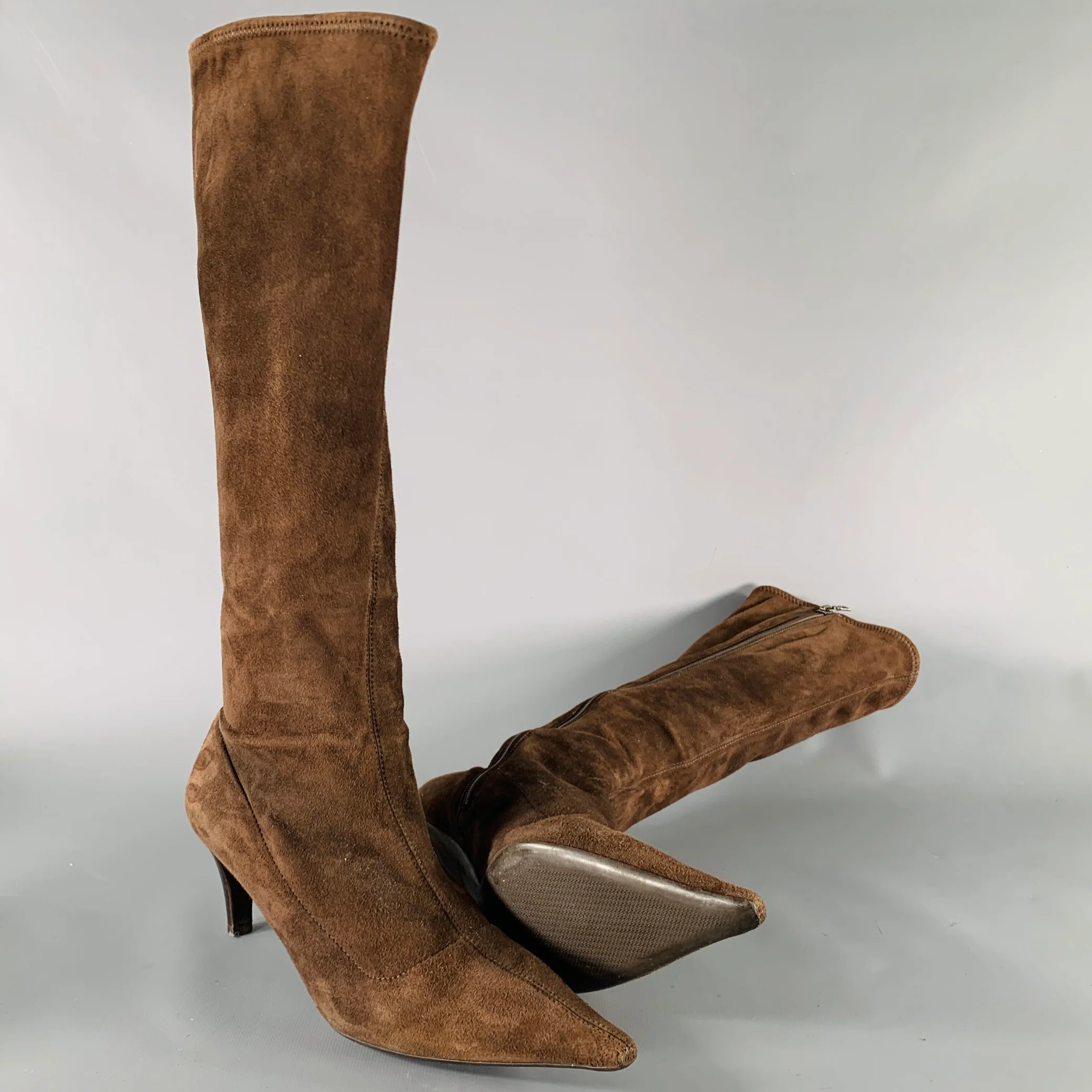 PRADA Size 7.5 Brown Suede Pointed Toe Side Zipper Boots - Image 5