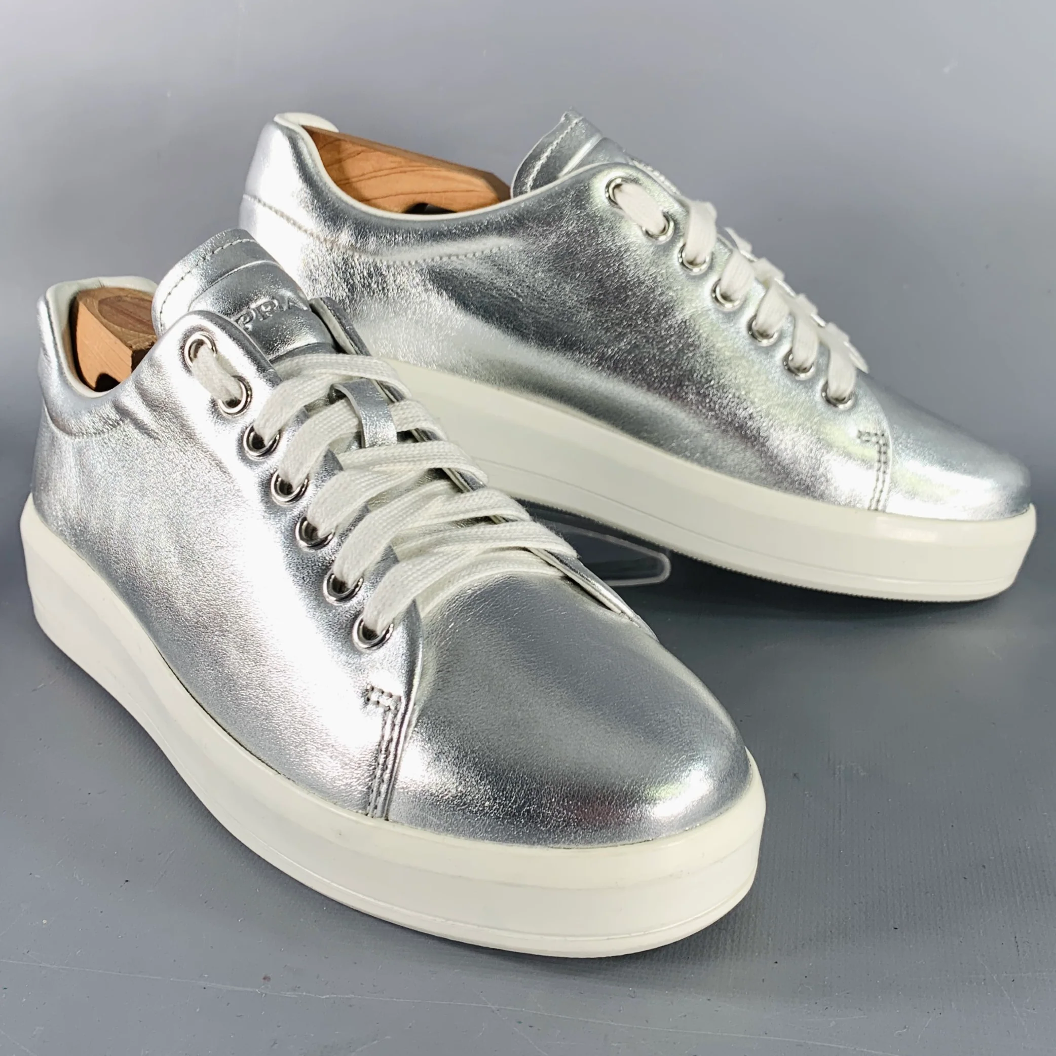 PRADA Size 7.5 Metallic Silver Leather Platform Sneakers