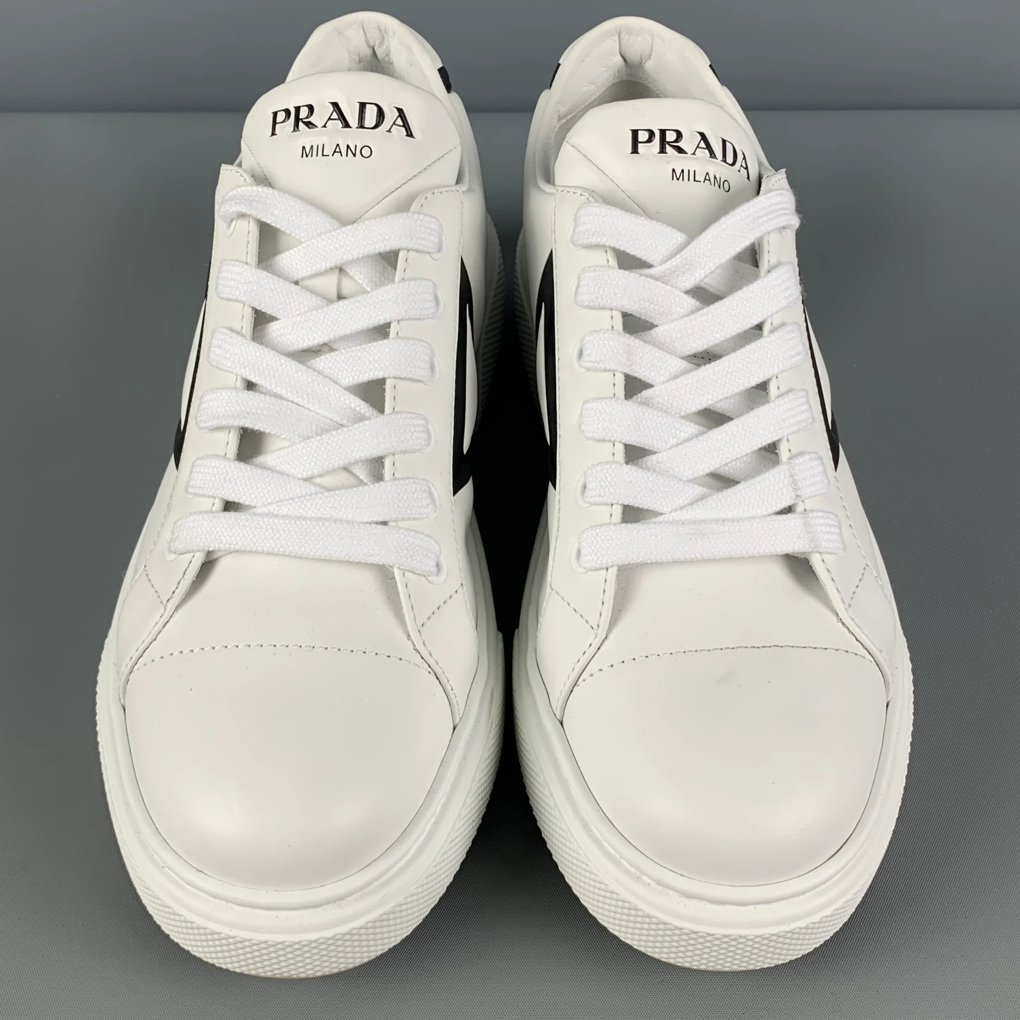 PRADA Size 7.5 White Leather Lace Up Sneakers - Image 4