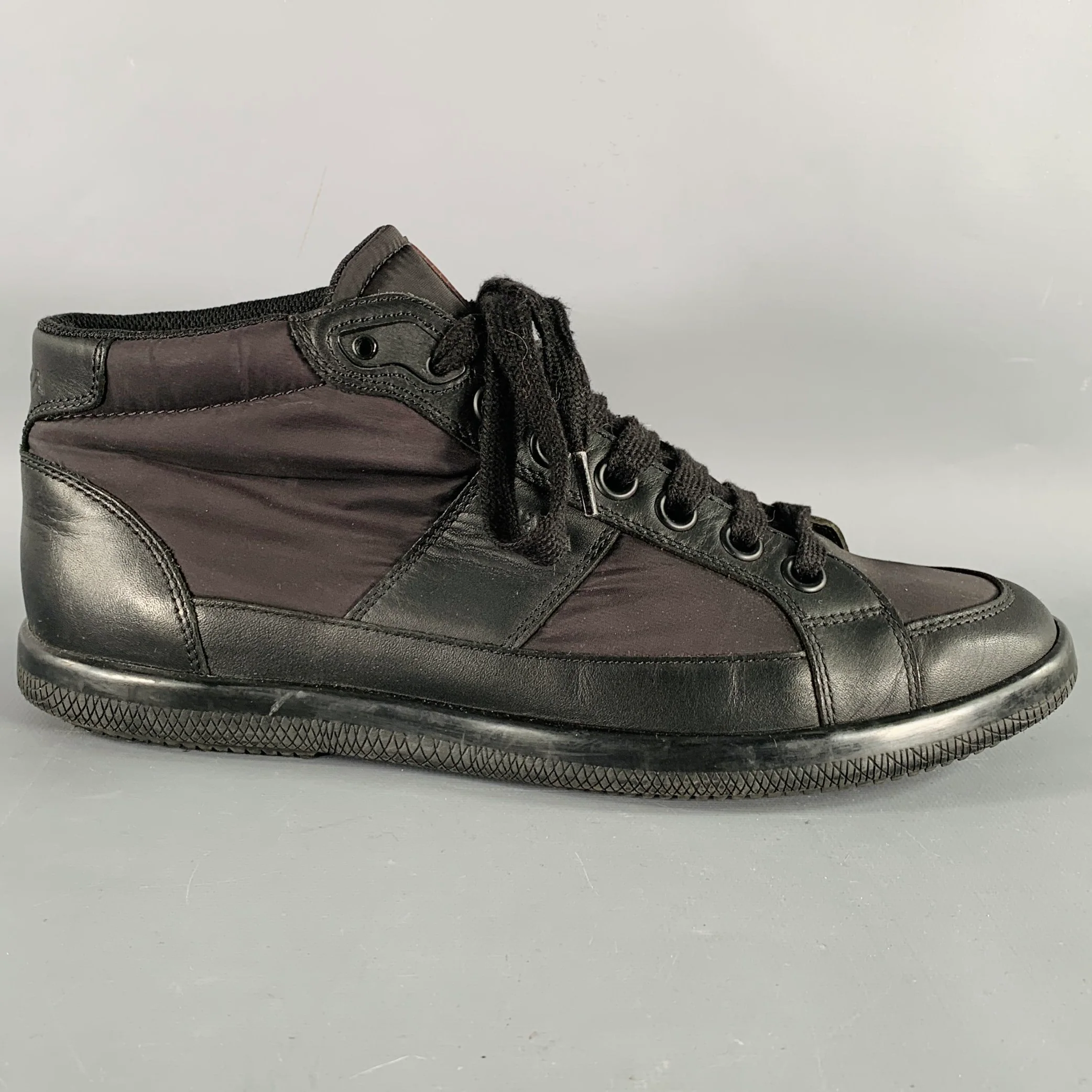 PRADA Size 7 Black Mixed Fabrics Nylon Leather Lace-Up Sneakers - Image 2