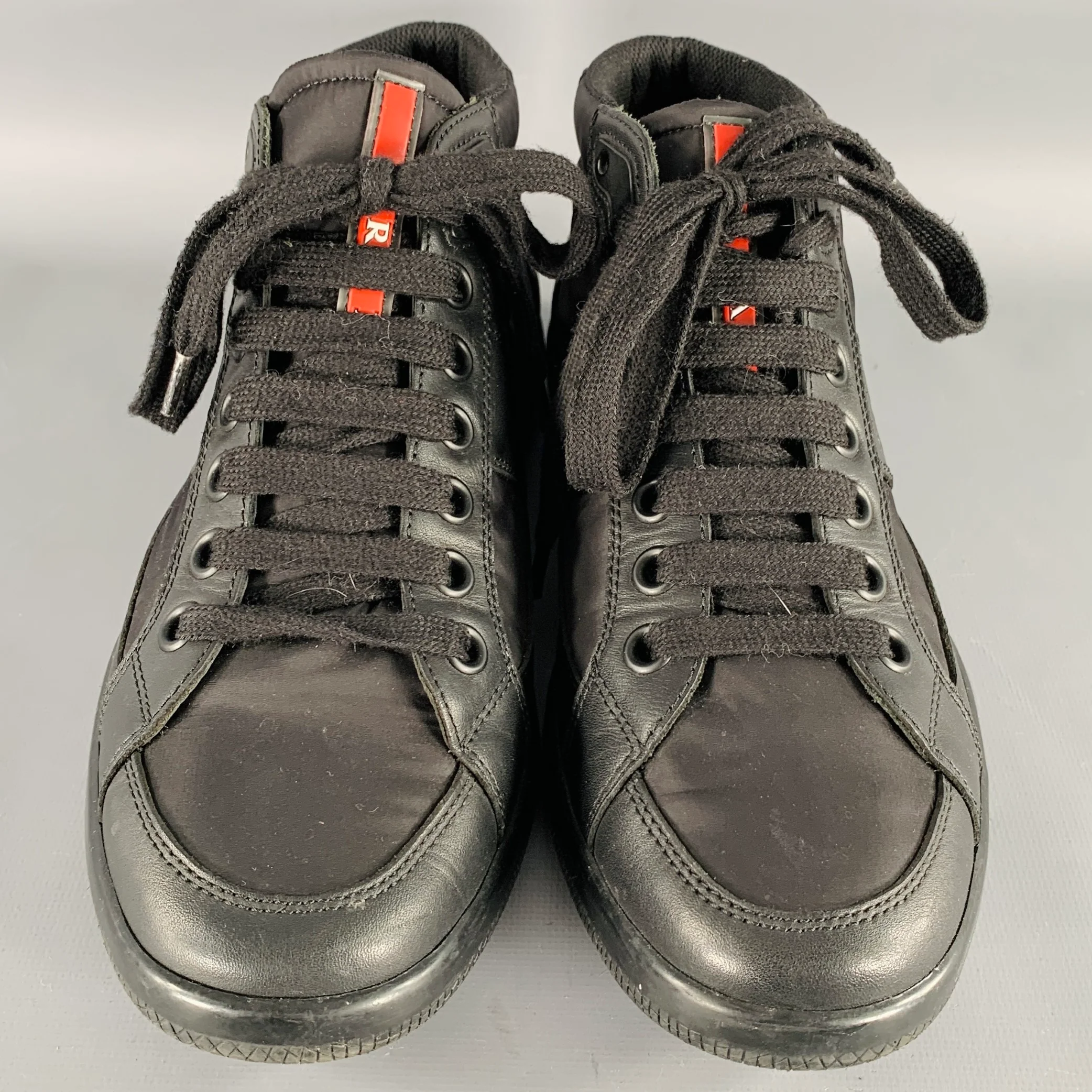 PRADA Size 7 Black Mixed Fabrics Nylon Leather Lace-Up Sneakers - Image 4