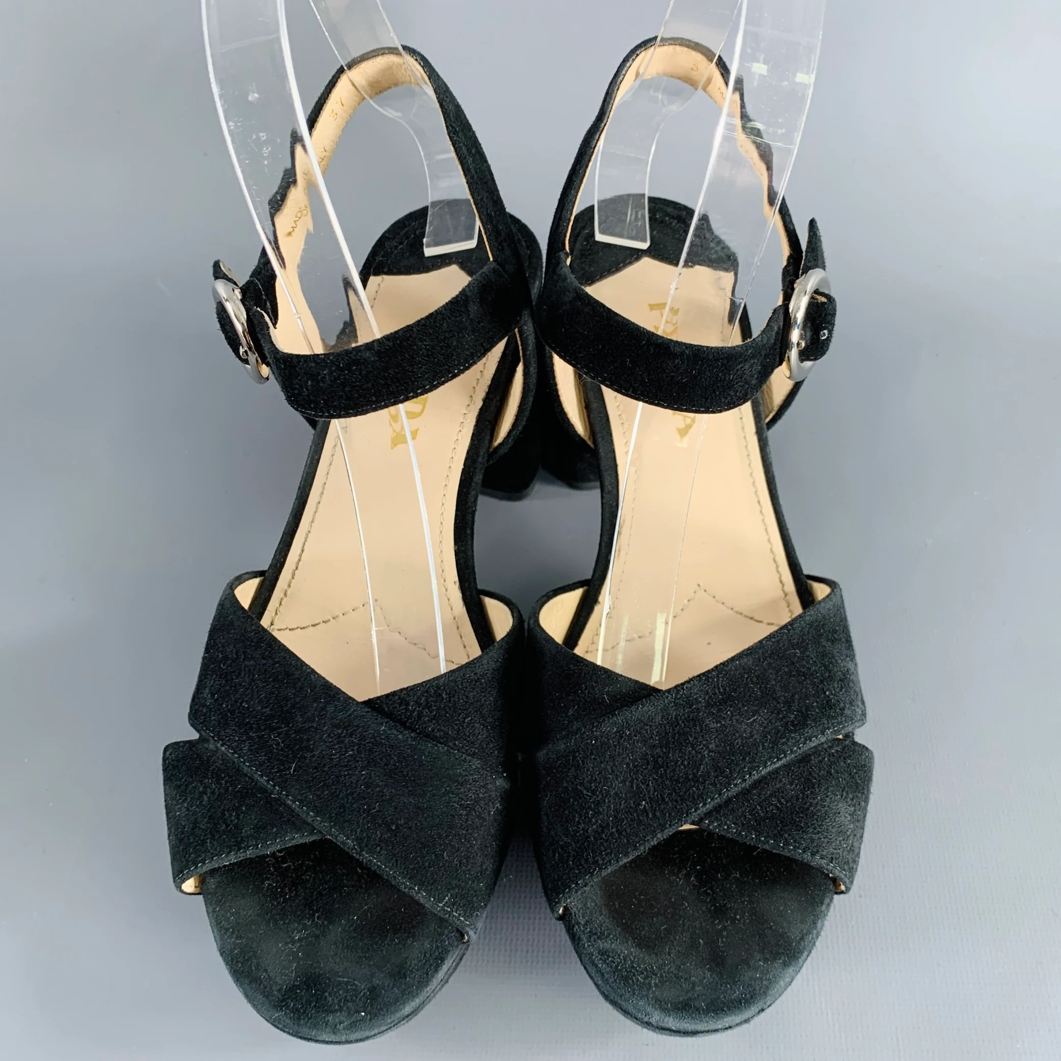 PRADA Size 7 Black Suede Chunky Heel Sandals - Image 4