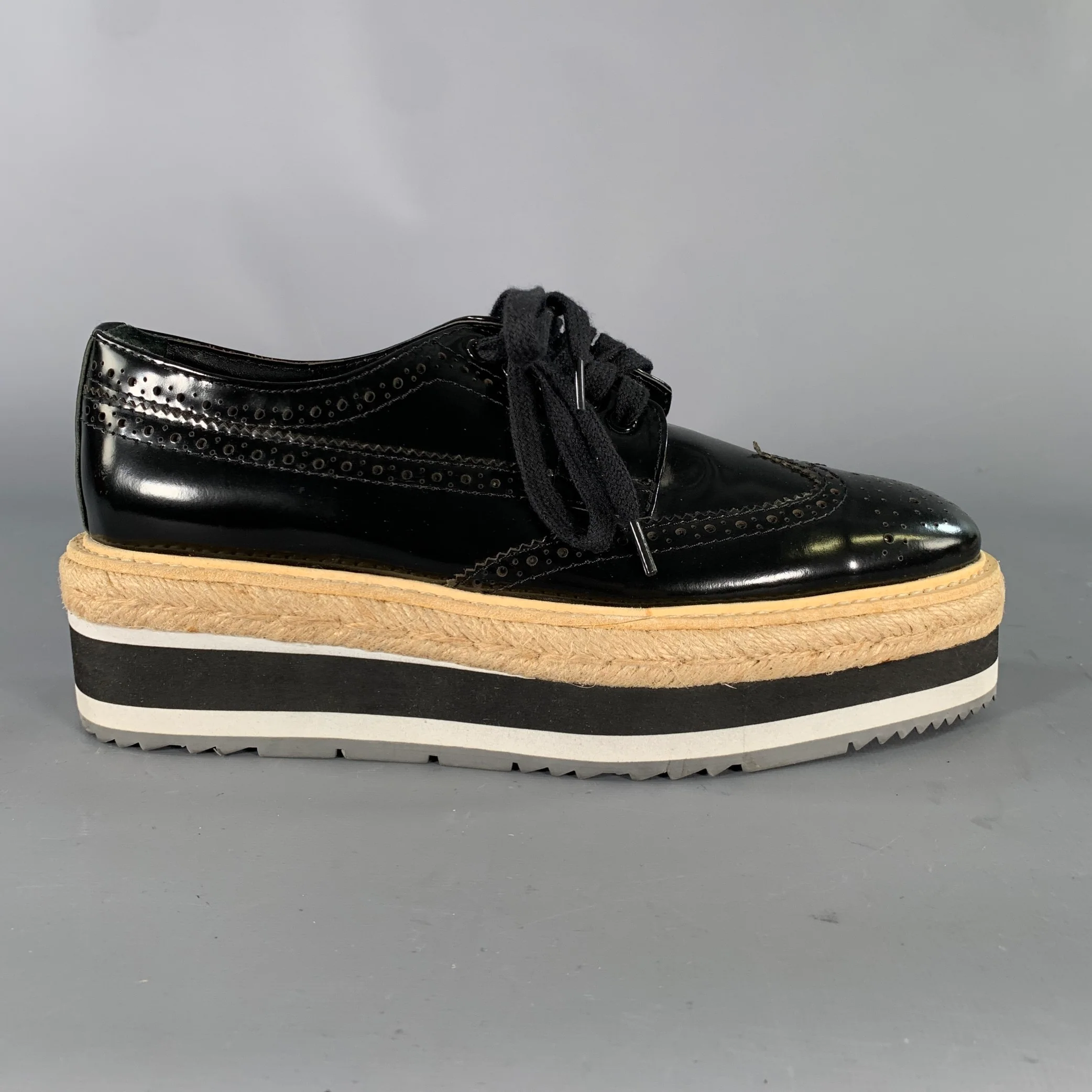 PRADA Size 7 Black White Leather Patent Spectator Laces - Image 2