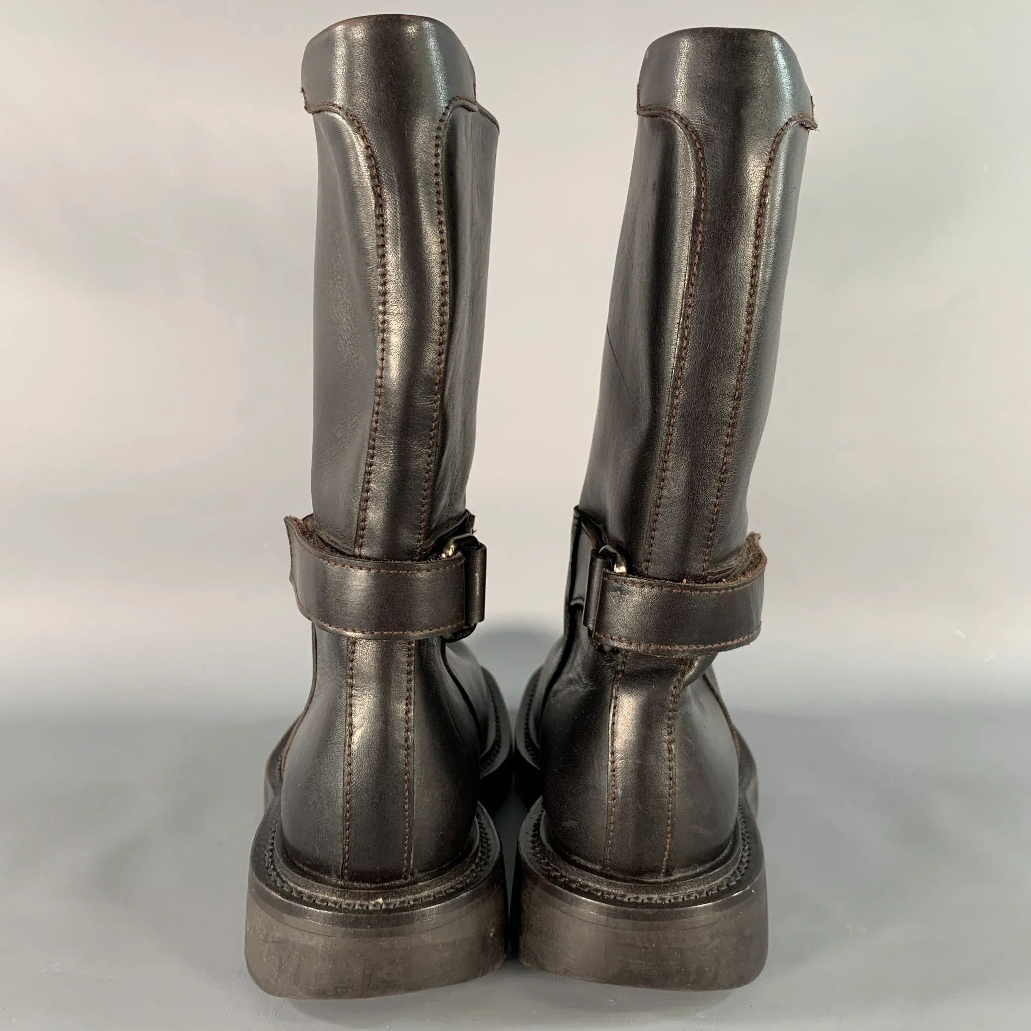 PRADA Size 7 Brown Leather Hook Loop Engineer Boots - Image 3