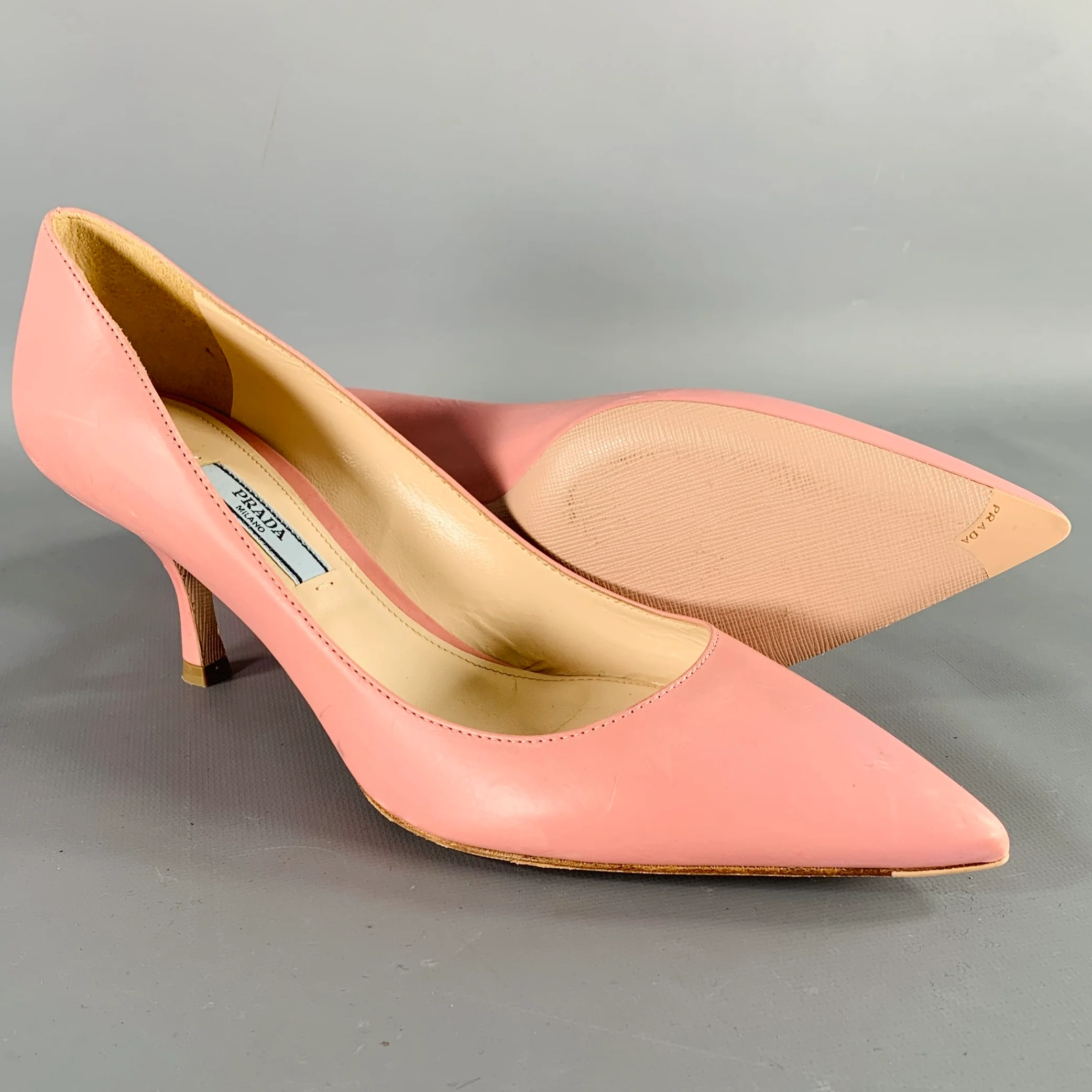 PRADA Size 7 Pink Leather Kitten Heel Pumps - Image 5
