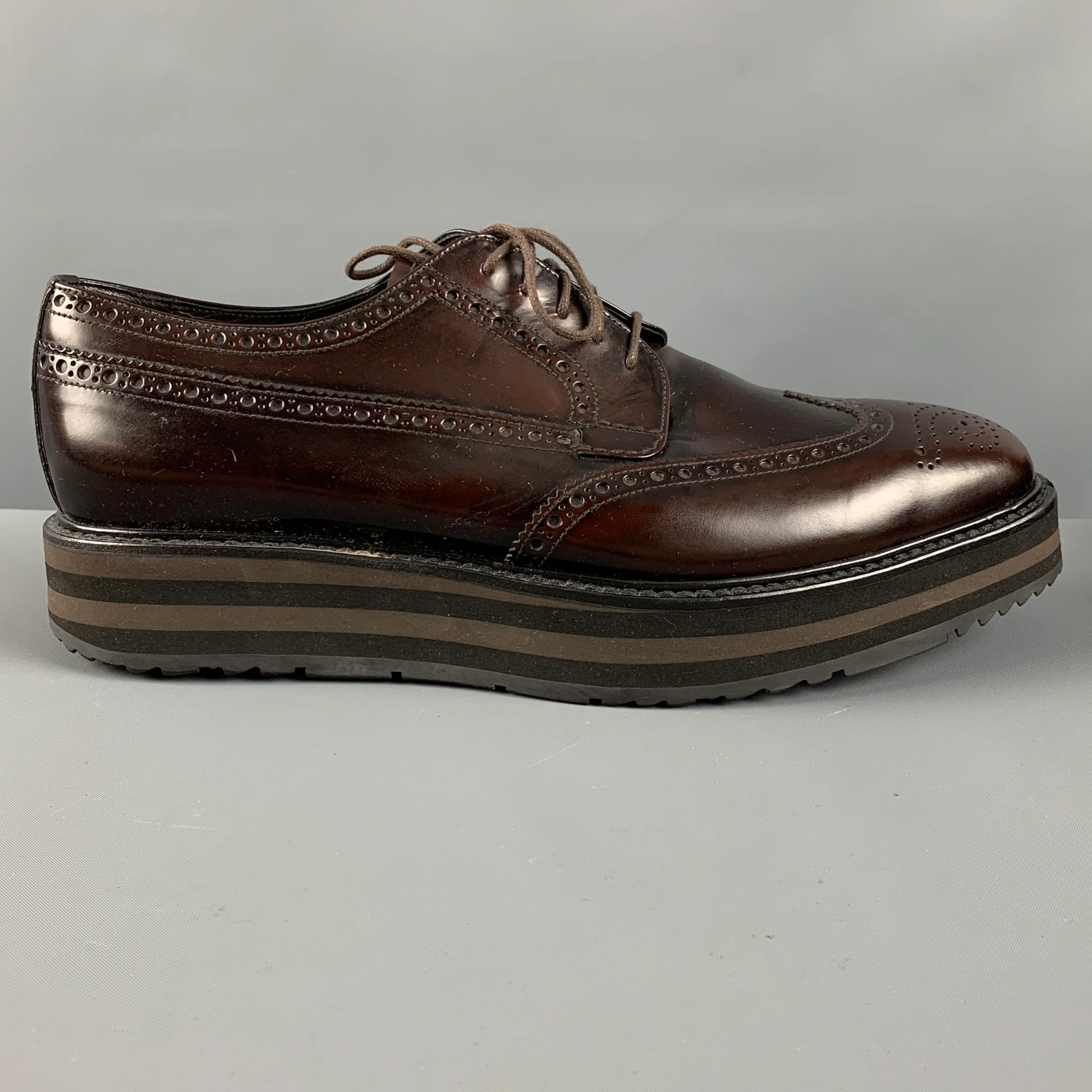 PRADA Size 8.5 Brown Perforated Leather Platform Lace Up Shoes - Image 2