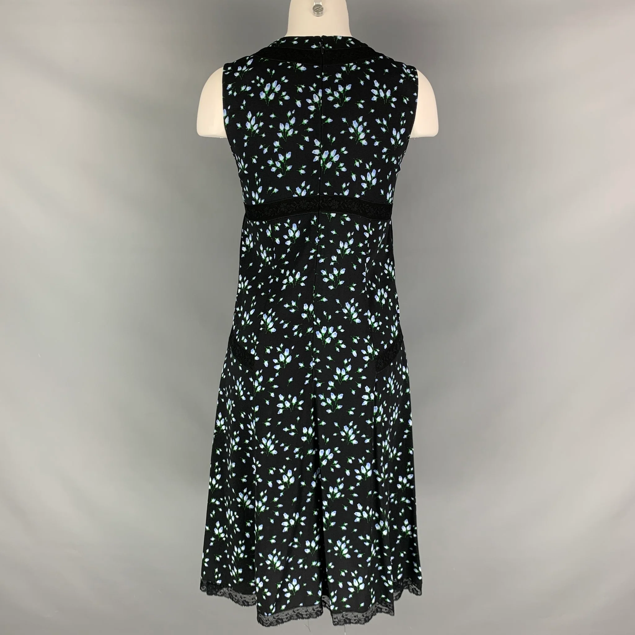 PRADA Size 8 Black Blue & Green Viscose Elastane Floral Sleeveless Dress - Image 3