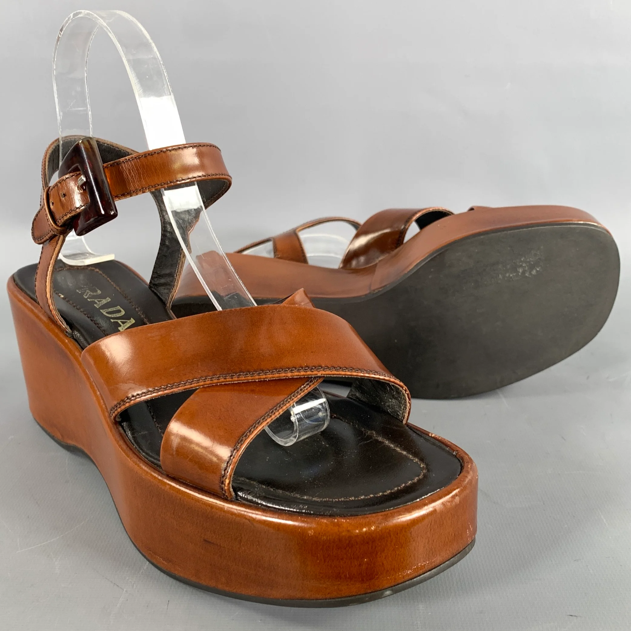 PRADA Size 8 Brown Black Leather Slingback Wedges - Image 5