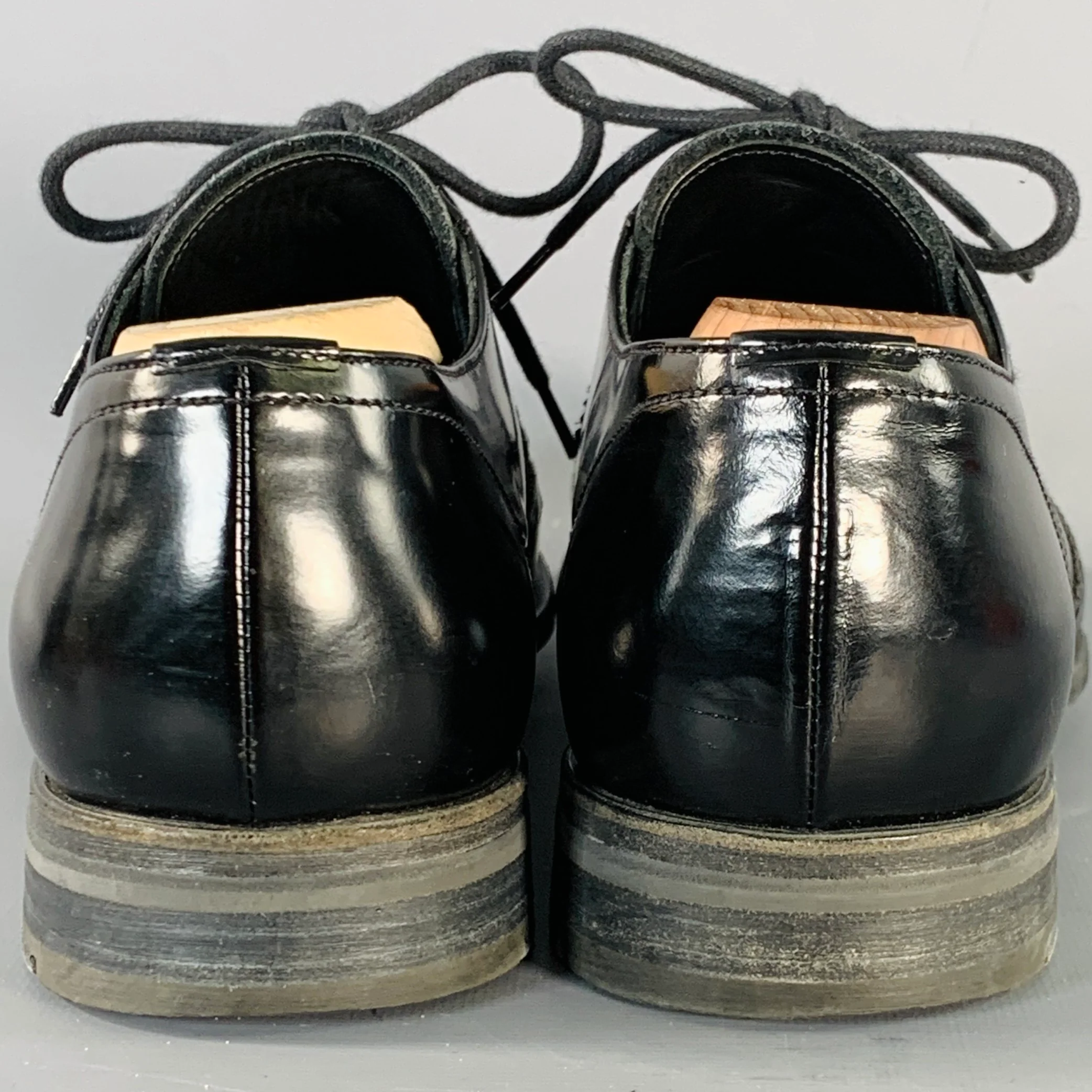 PRADA Size 9.5 Black Leather Perforated Wingtip Derby Lace-Up Shoes - Image 3