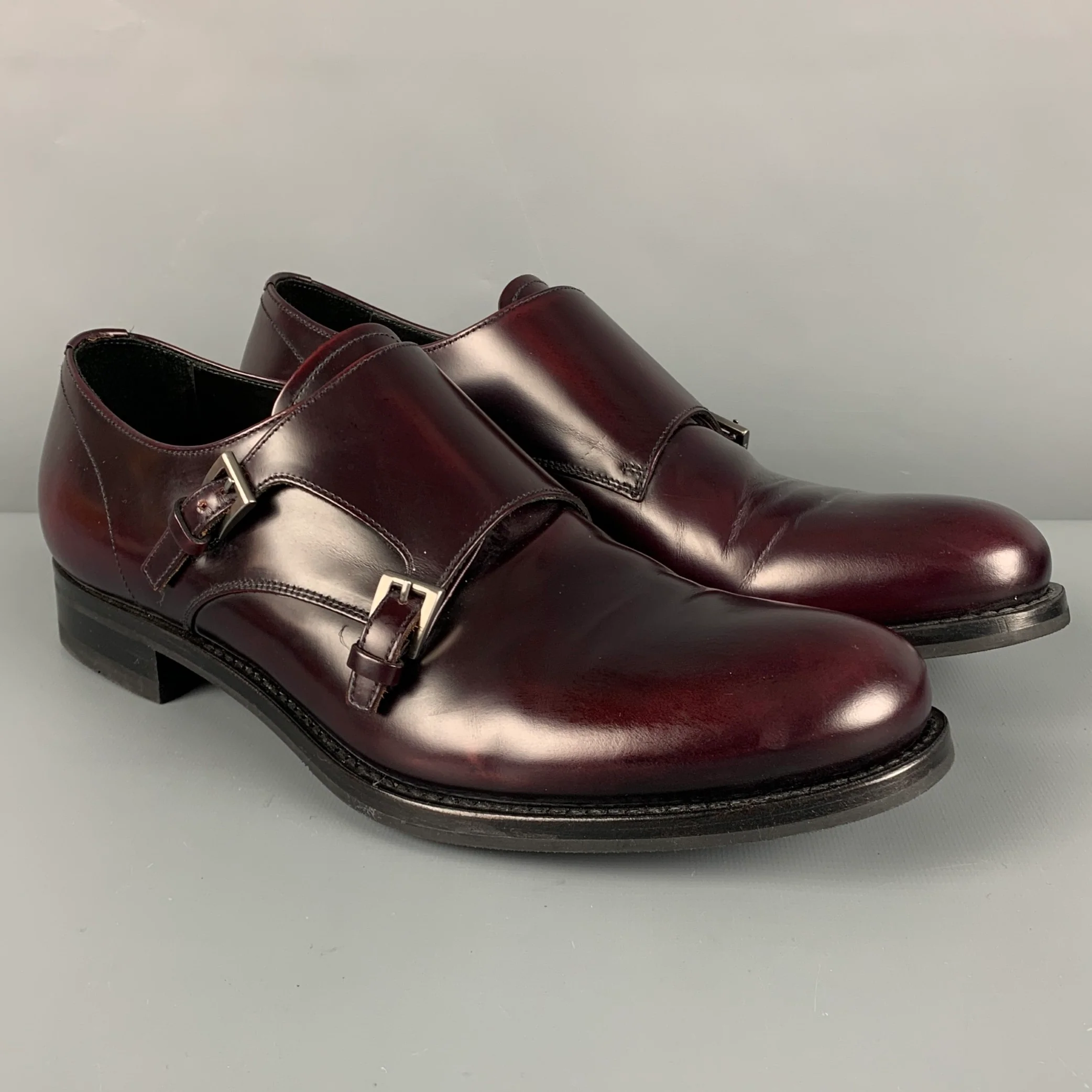 PRADA Size 9.5 Burgundy Leather Double Monk Strap Loafers
