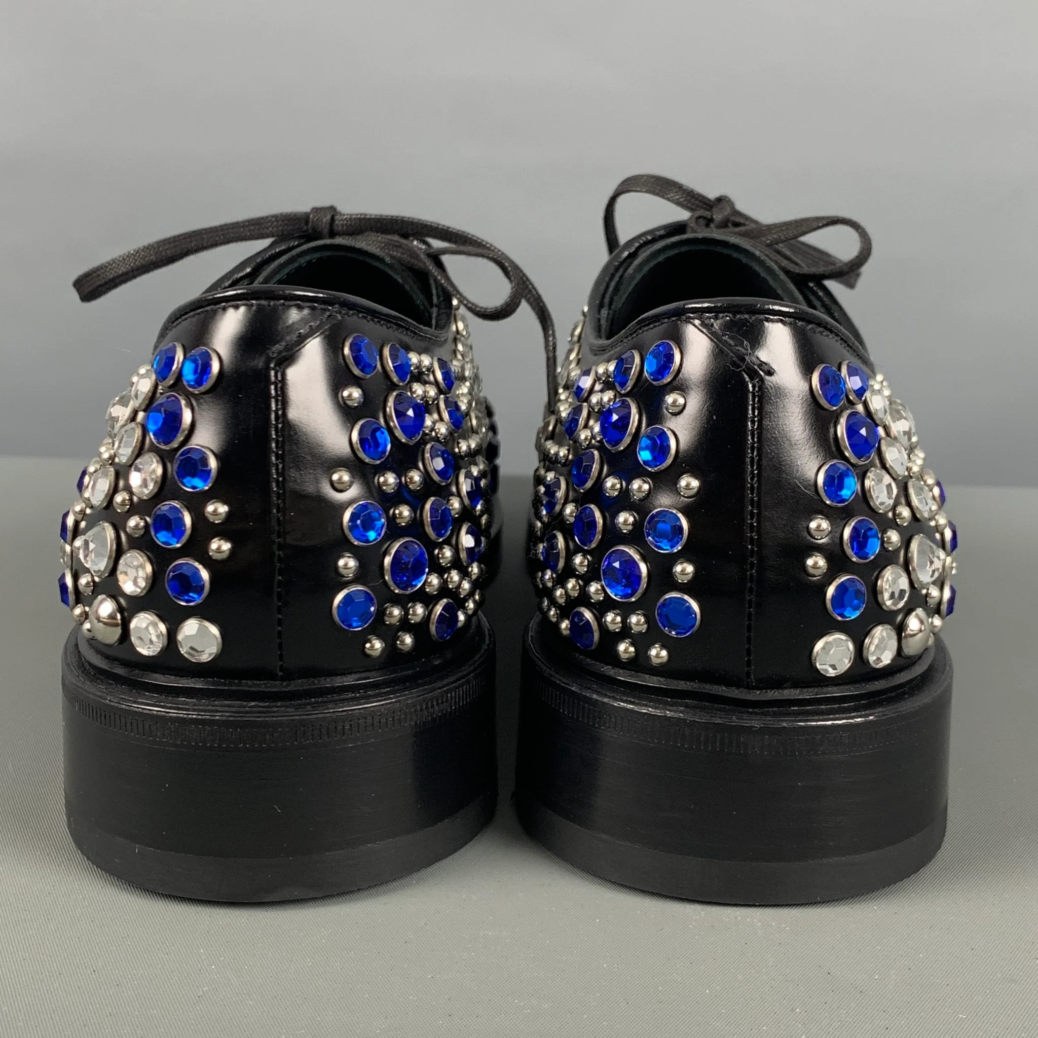 PRADA Size 9 Black Silver & Blue Studded Leather Lace-Up Shoes - Image 3