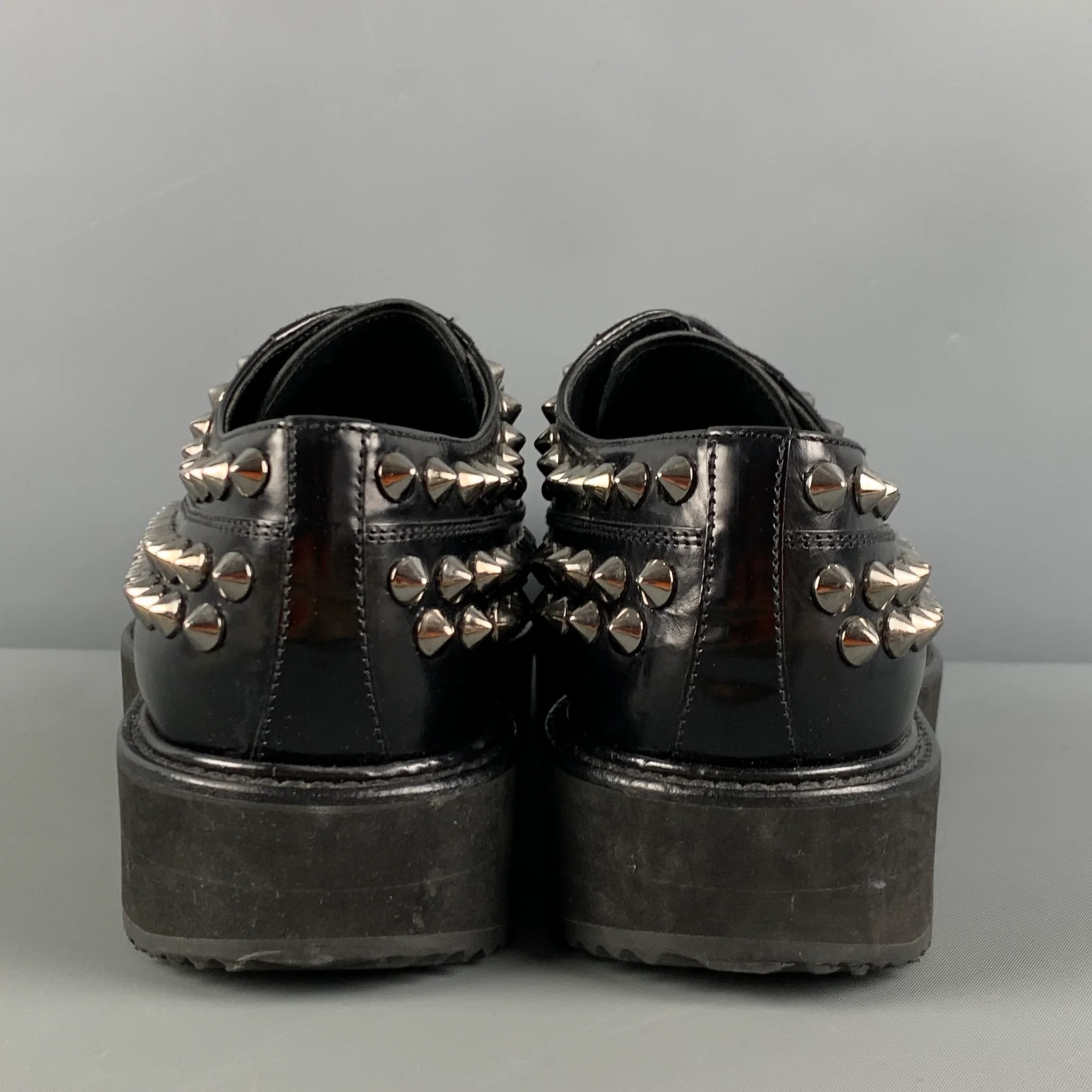 PRADA Size 9 Black Silver Studded Leather Platform Lace-Up Shoes - Image 5