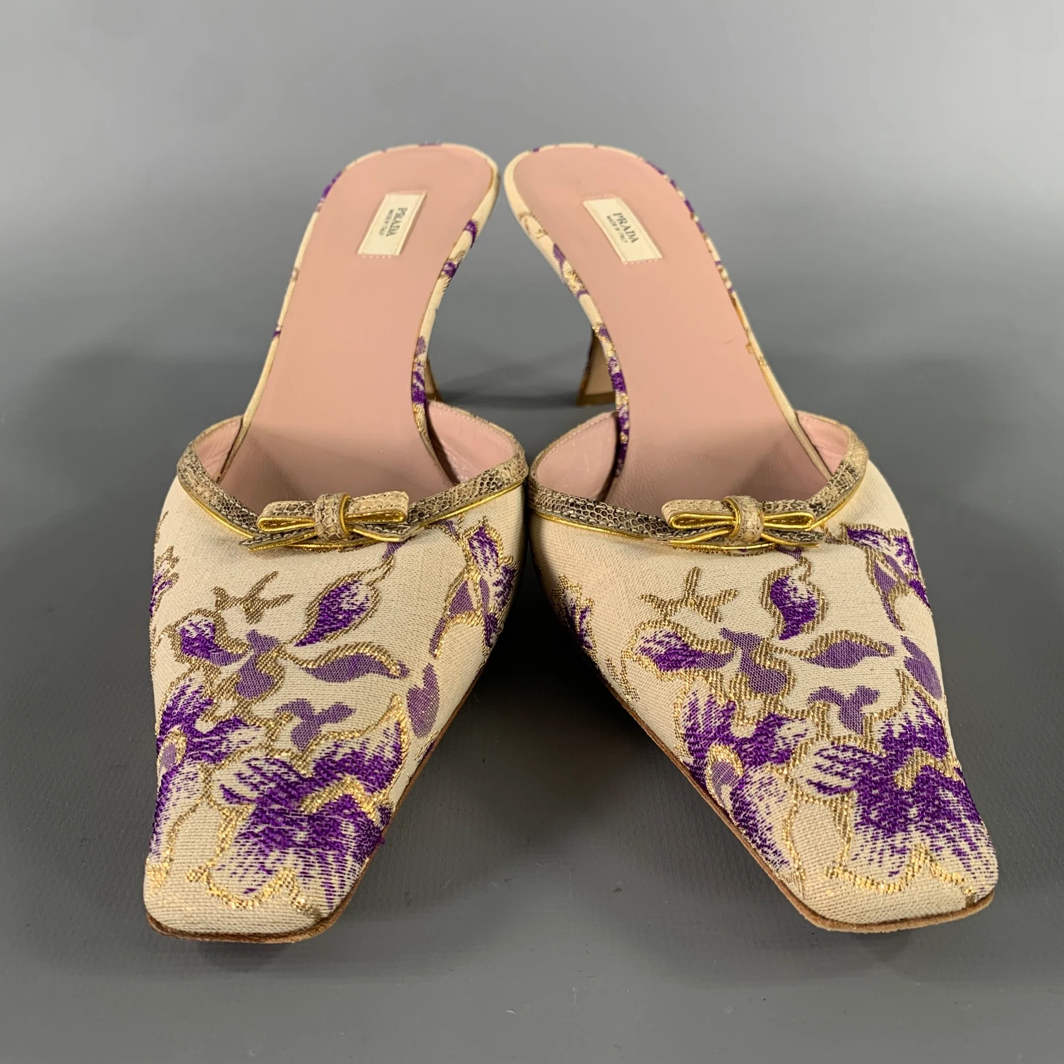 PRADA Size 9 Champagne Purple Jacquard Floral Mules Pumps - Image 4