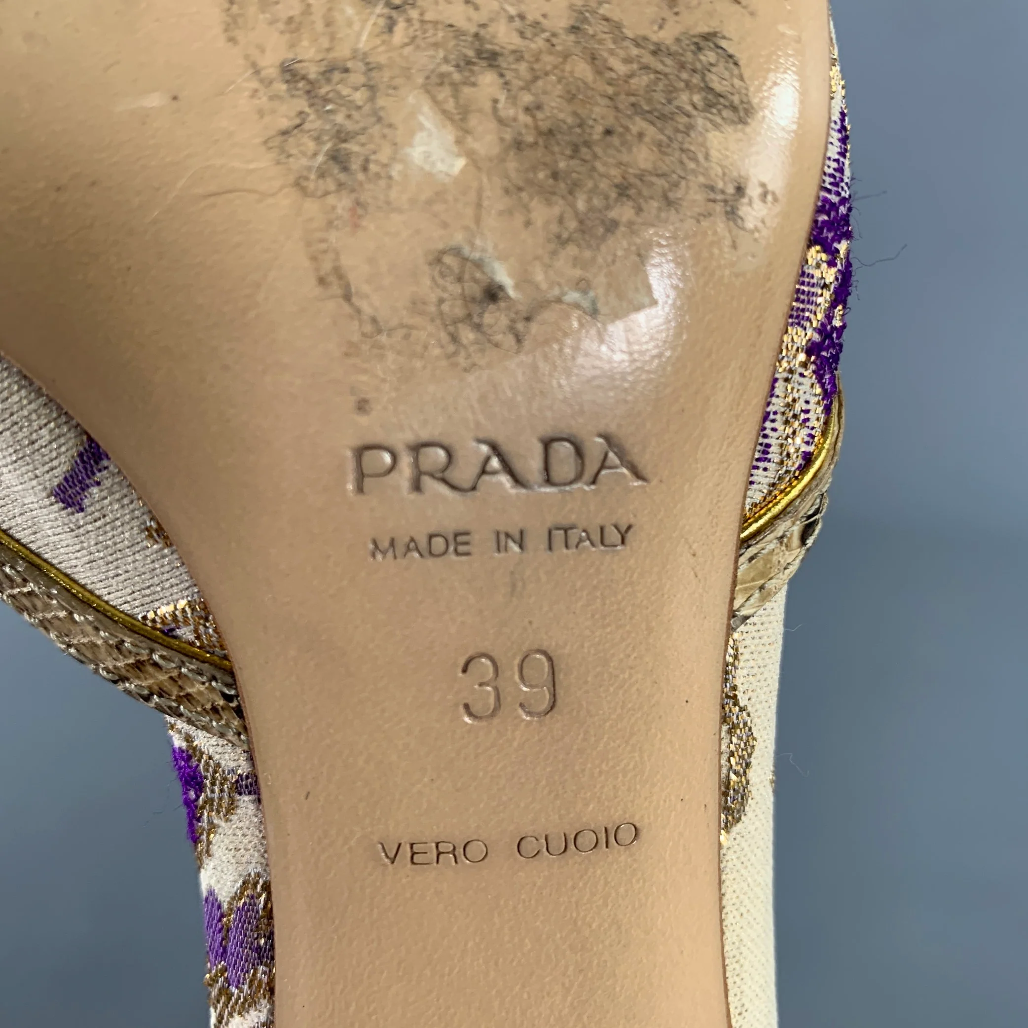 PRADA Size 9 Champagne Purple Jacquard Floral Mules Pumps - Image 7