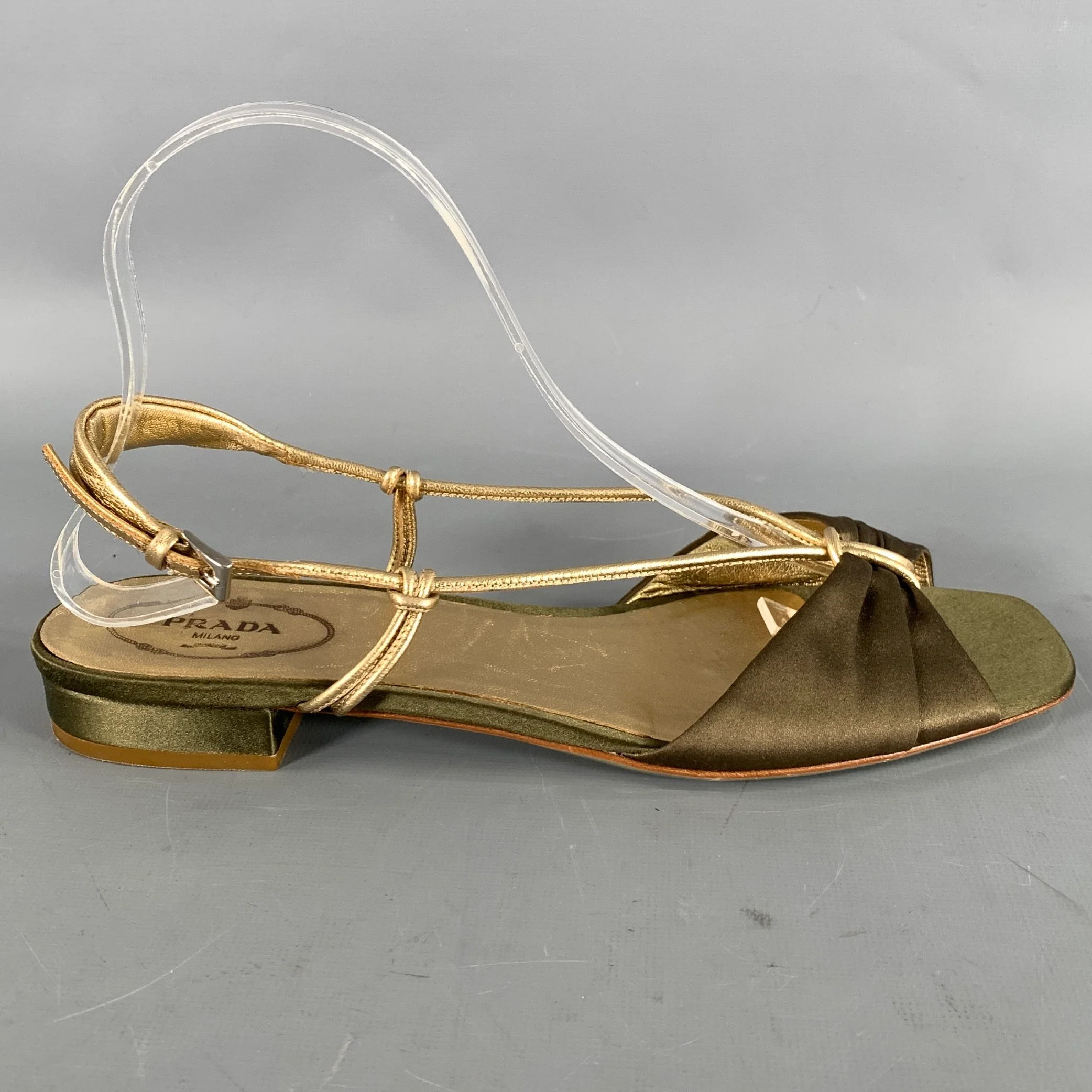 PRADA Size 9 Olive Gold Silk Metallic Leather Trim Strappy Sandals - Image 2