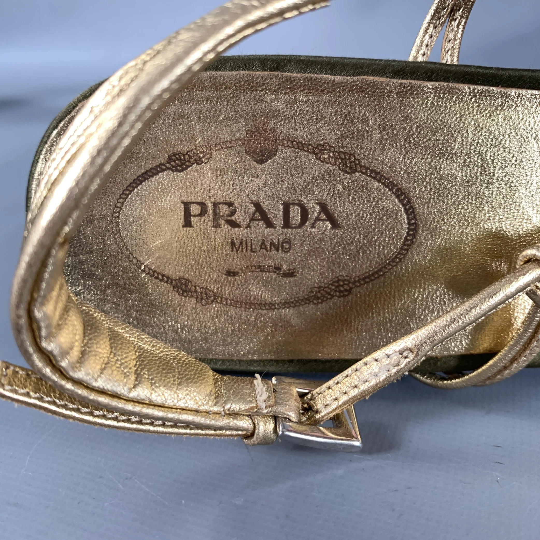 PRADA Size 9 Olive Gold Silk Metallic Leather Trim Strappy Sandals - Image 7