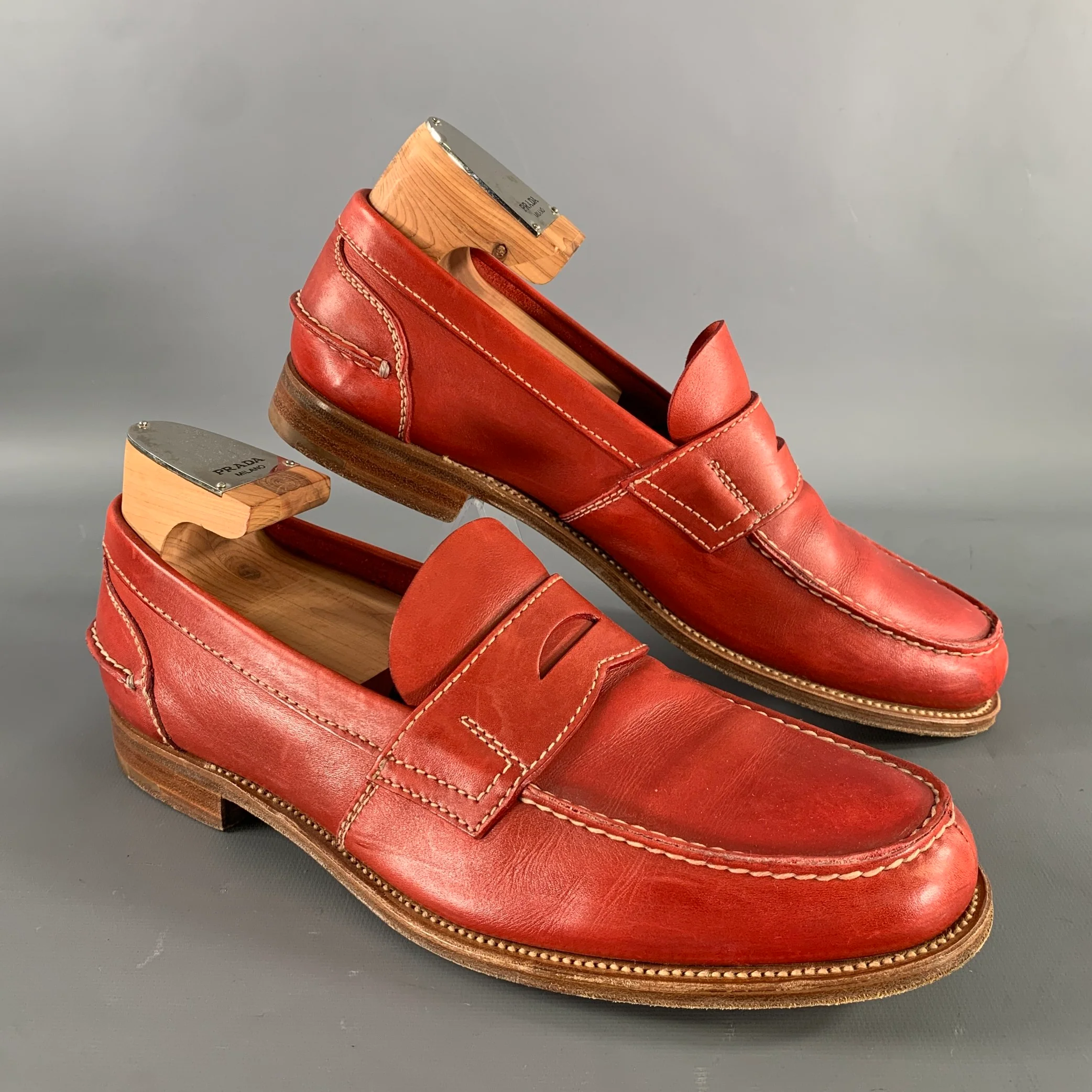 PRADA Size 9 Orange Stitched Leather Penny Loafers