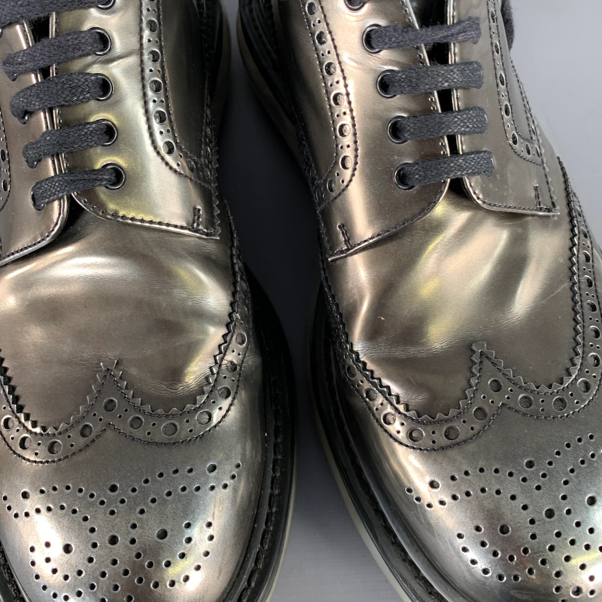 PRADA Size 9 Silver Metallic Perforated Leather Wingtip Lace-Up Shoes - Image 9