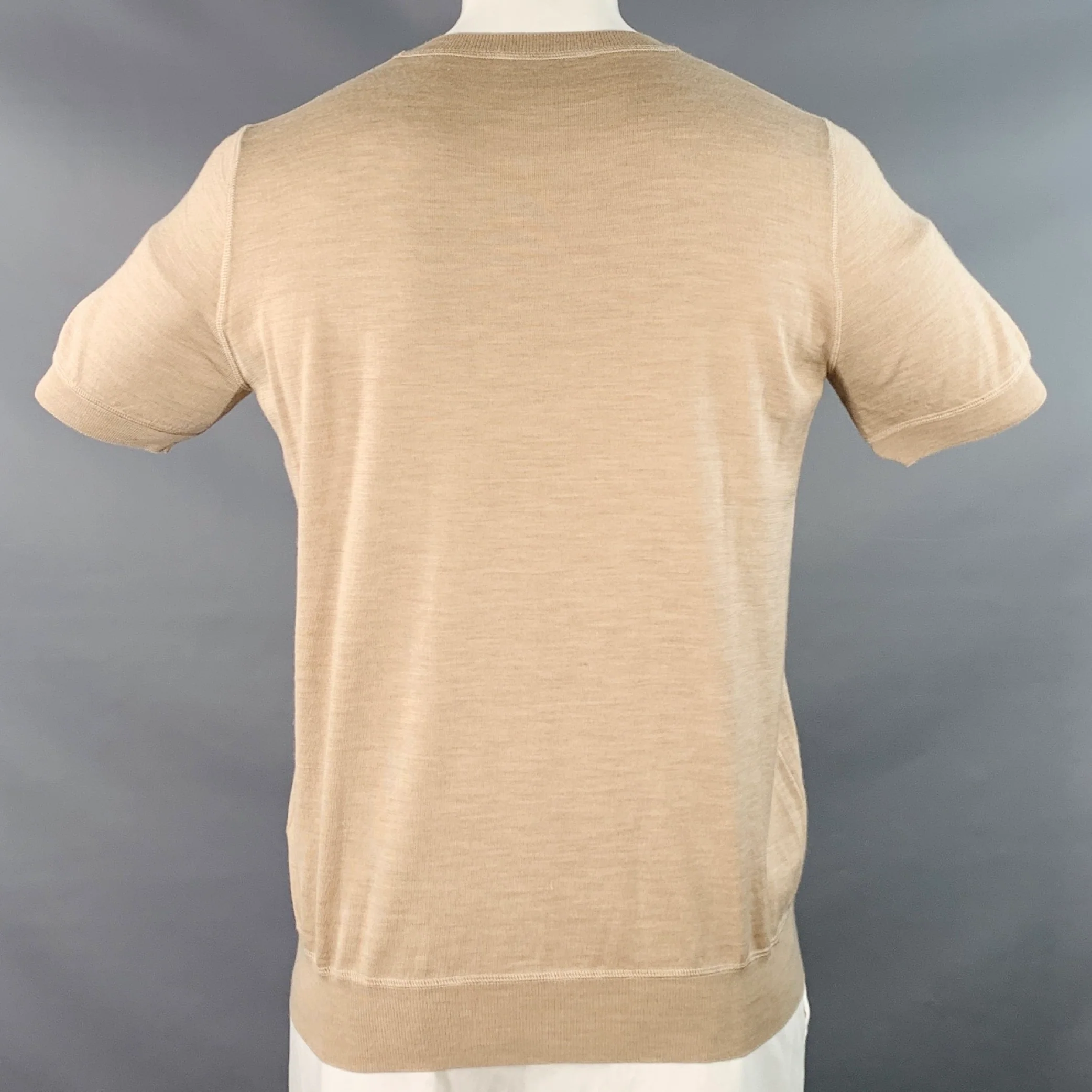 PRADA Size L Beige Cream Logo Cashmere Wool Jersey Short Sleeve Crew Neck Pullover - Image 4
